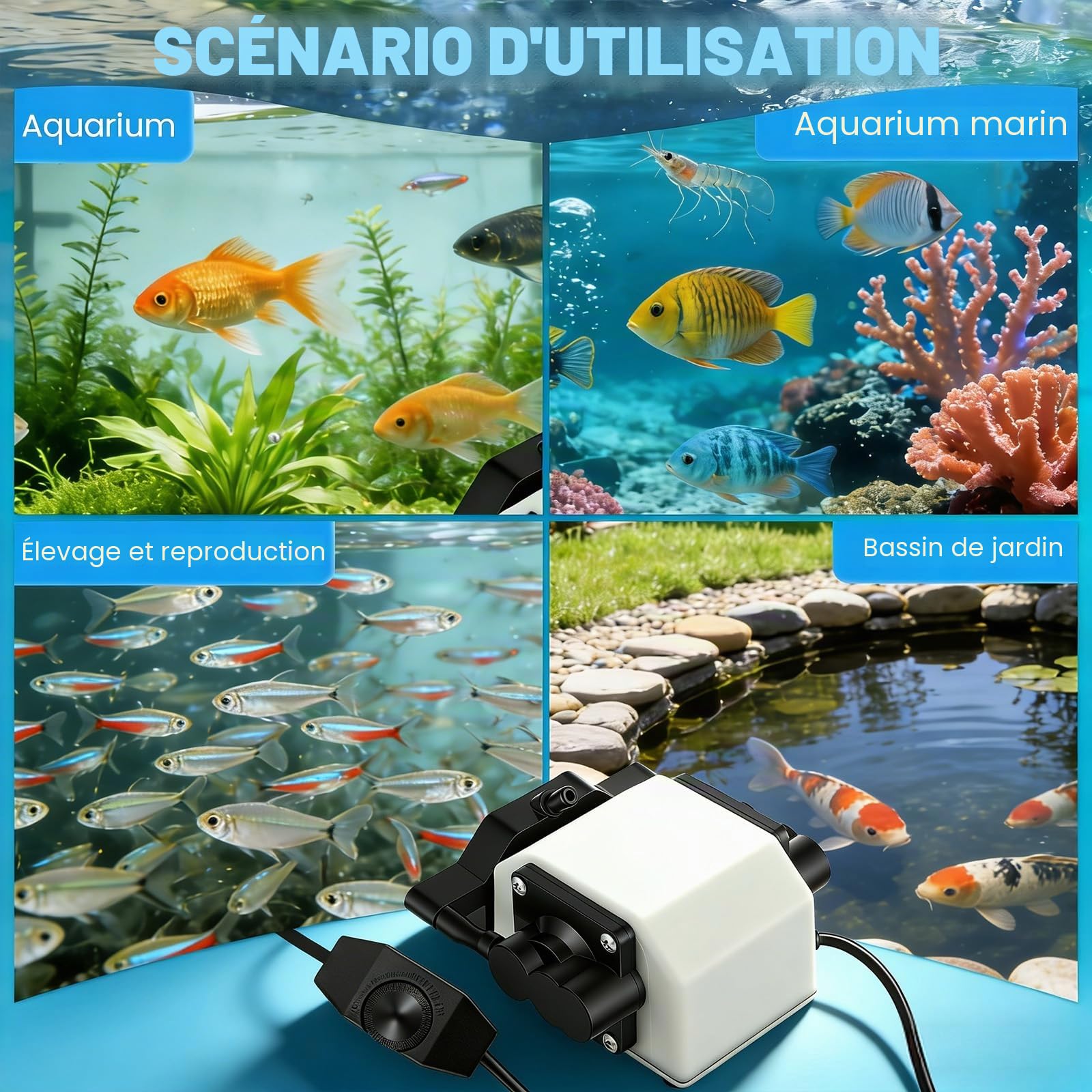 25W Pompe à Air Aquarium avec 6 Sorties, Pompe à Air Bassin Silencieuse Jusqu‘à 3300L/H, Aérateur de Bassin Réglable pour Grand Aquarium, Bassin de Jardin & Hydroculture, Pompe à Oxygène Puissante