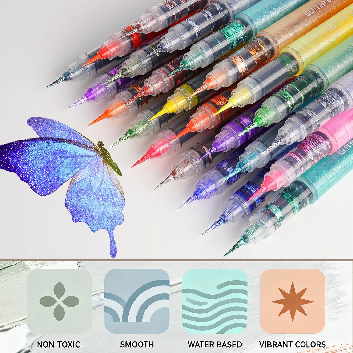 ROSYMENG 12 Colors Glitter Paint Pens, 0.05mm Extra Fine-Tip Metallic Water-based Brush Pen, Adults DIY Crafts Making, Greeting Birthday Cards Present, Drawing Scrapbook Supplies-Style A