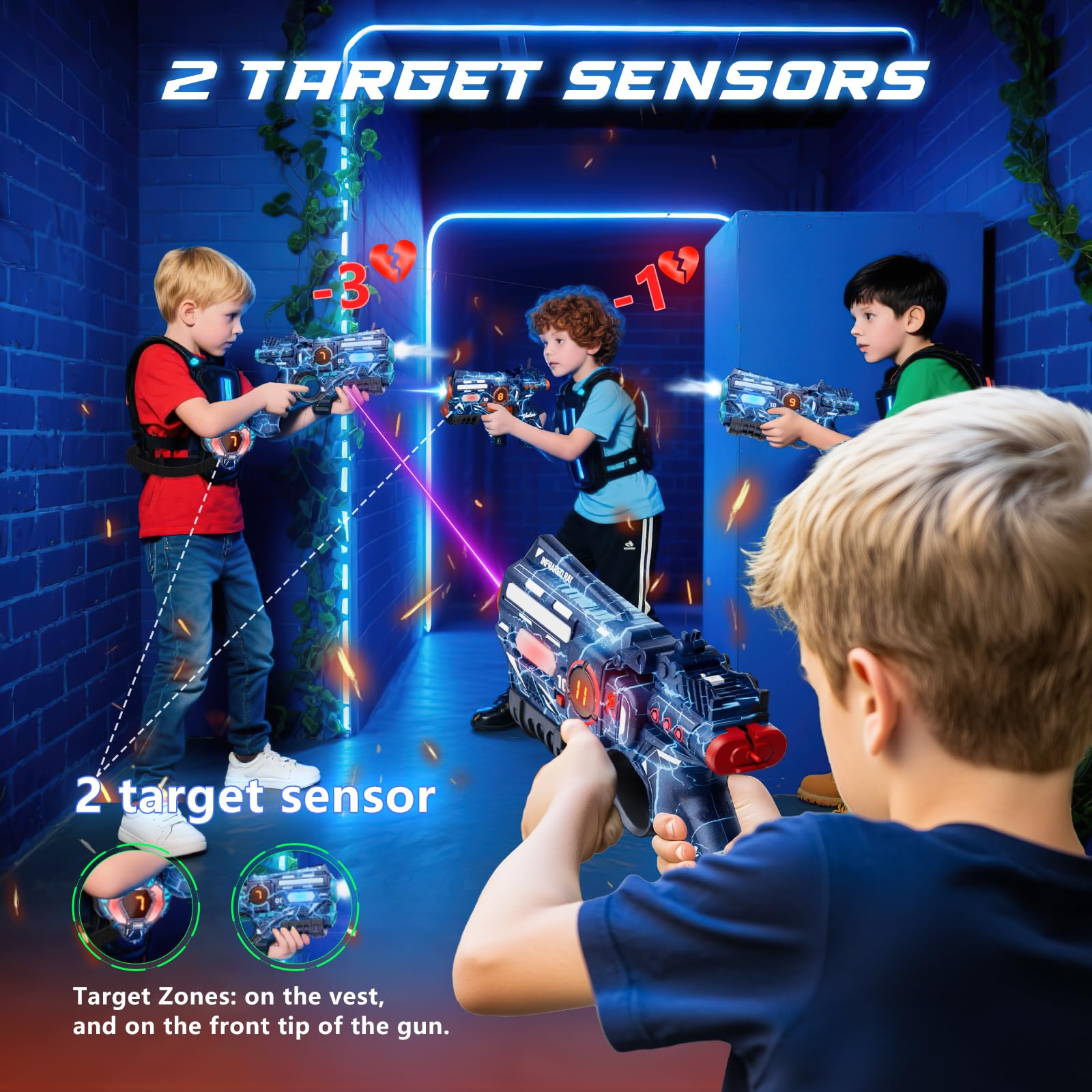 VATOS Wiederaufladbares Laser Tag Set mit Projektor, 2 Spieler Spielzeugpistole mit Projektor und digitaler LED-Punktanzeige, Schießspiele mit 3 Zielen, perfektes Familienspielzeug für Kinder