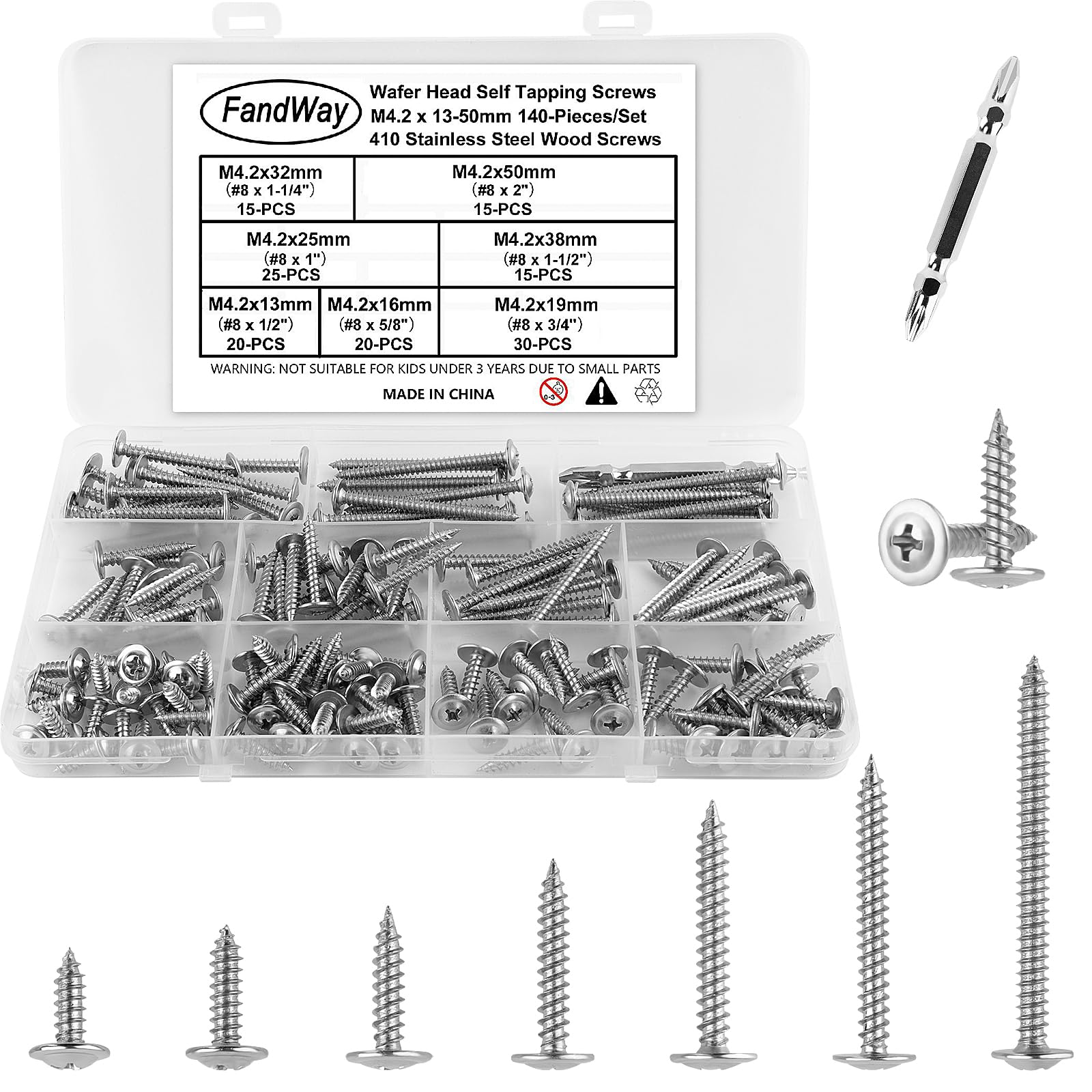 FandWay 140Pcs Wafer Head Self Tapping Screws 410 Stainless Steel,M4.2 Wood Screws,Modified Truss Head Self Drilling Screw, Sheet Metal Screw Length :13~50mm Phillips Drive for Alu WoodWork Plastics.
