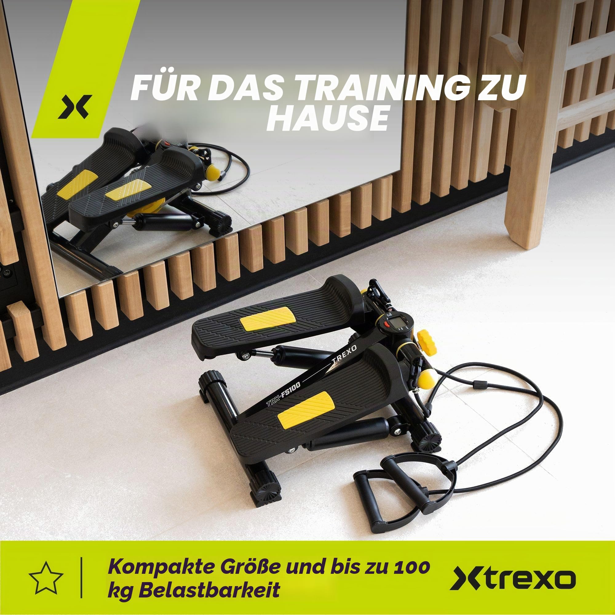 XTREXO Fitness Stepper für Zuhause | Einstellbare Pedalhöhe und Widerstand, Gut ablesbares Display, Hochbelastbare Kabel | Hometrainer bis zu 100 kg für Home Workout, Cardio | Schwarz/Gelb | FS100