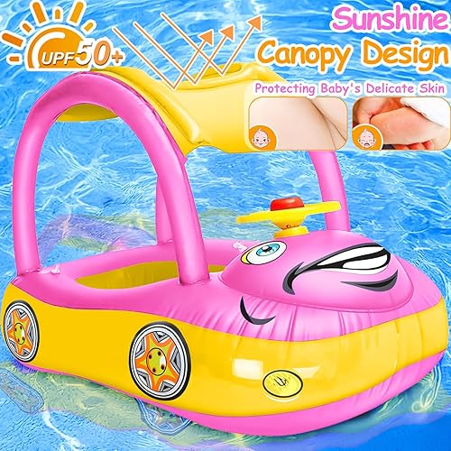 Miniatura 9 de iGeeKid Flotador inflable de piscina para bebé con toldo, asiento de seguridad para bebé, flotadores de natación en forma de automóvil, flotadores