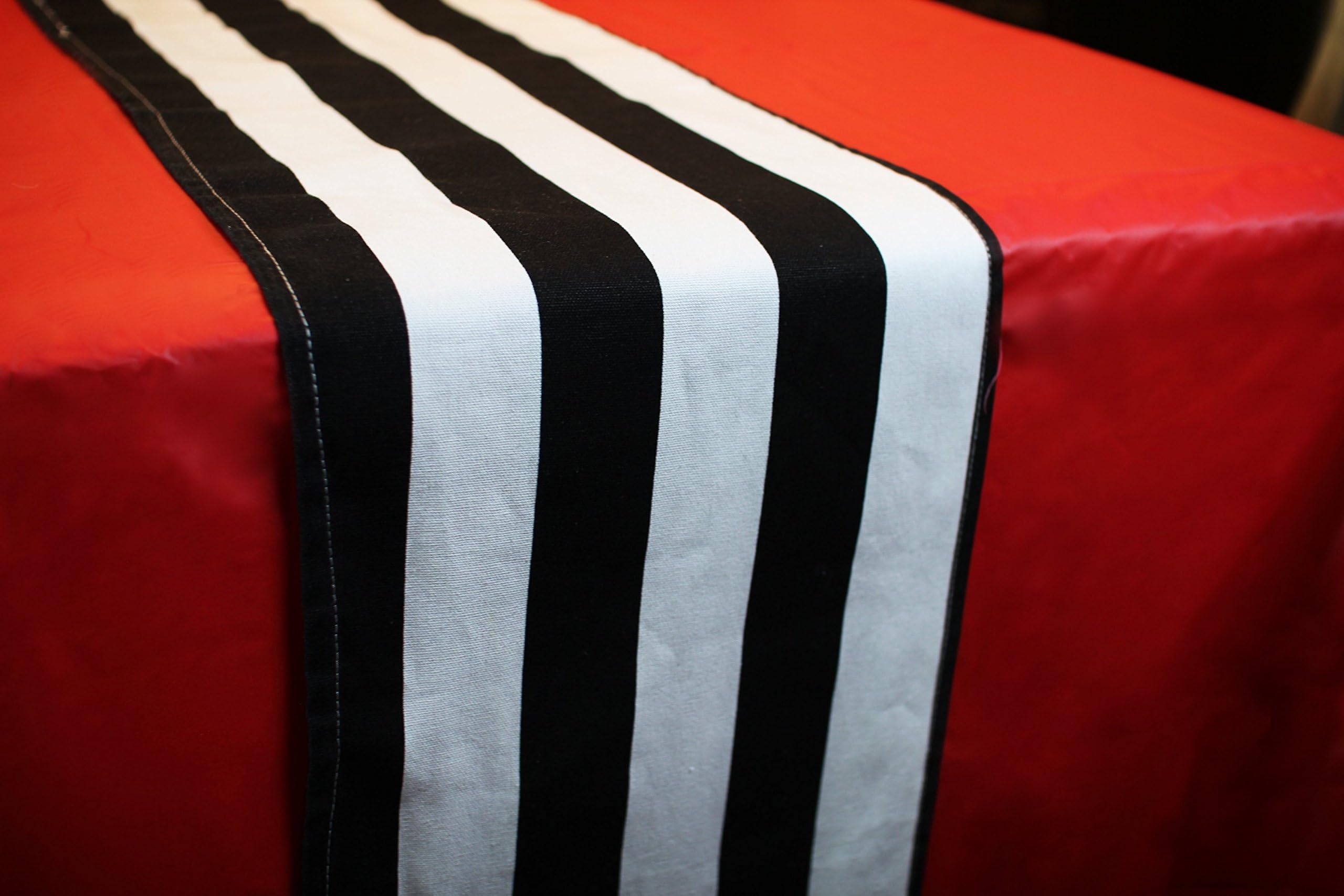 Black and Red Party Decorations Custom Table Decor to Complement Any Party Theme Includes 1 Black and White Striped Table Runner and 1 Red Plastic Party Tablecloth