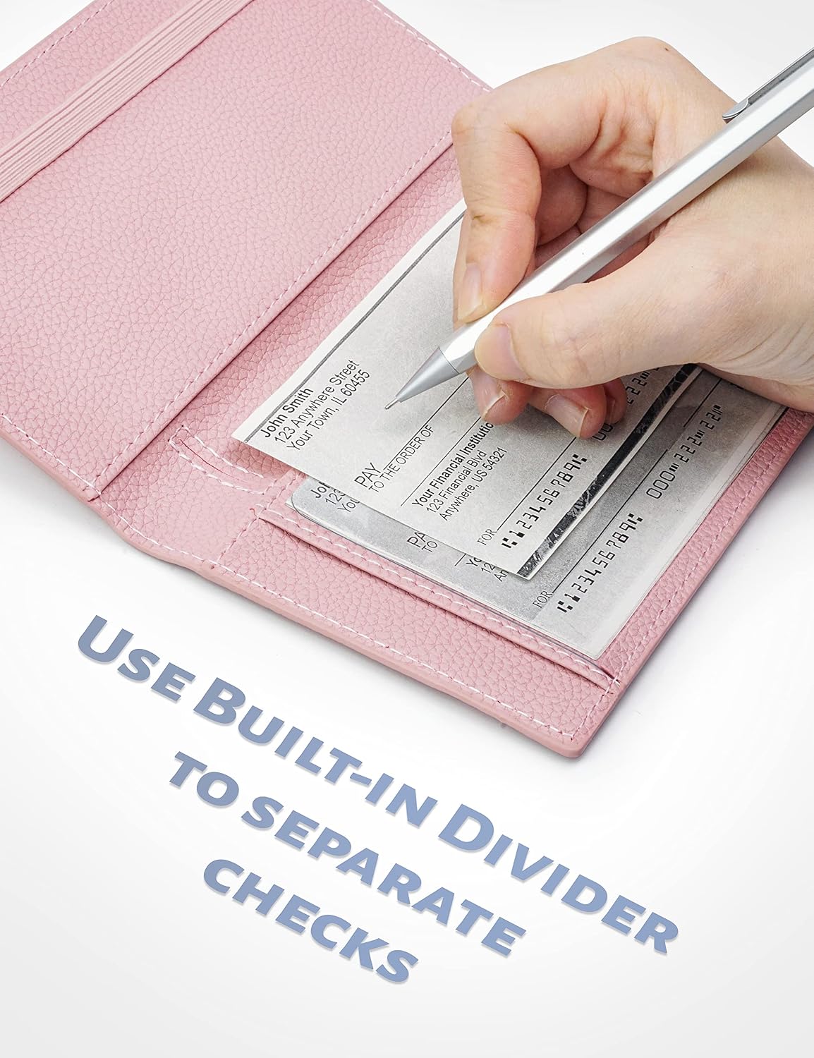 Yarnic Checkbook Cover for Personal Checkbook, Checkbook Holder with Pen Holder & Built-in Clear Plastic Divider for Duplicate Checks (Baby Pink)