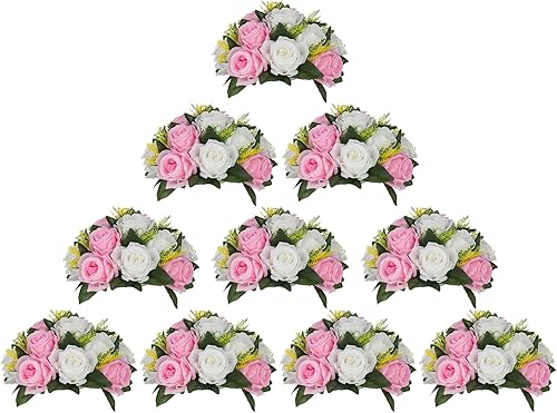 Miniatura 98 de BLOSMON Centros de mesa de flores para mesas de boda: 10 piezas de rosas artificiales rojas carmesí decoración de bolas - 9.5 pulgadas de seda falsa