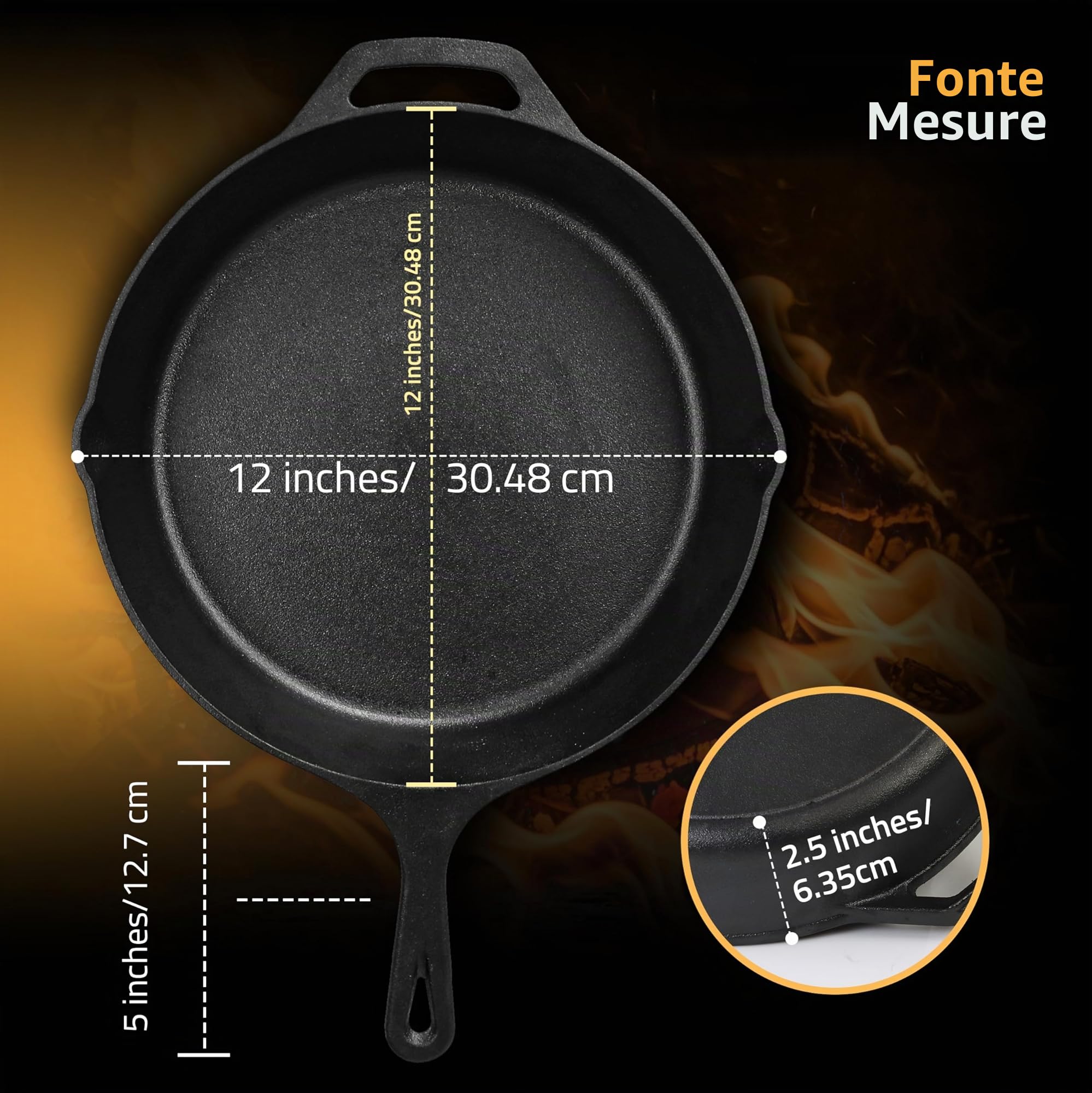 KICHLY Poêle en fonte pré-assaisonnée - Poêle à frire - ustensile de cuisson sûr pour l'intérieur et l'extérieur - Poêle en fonte de 12 pouces (30,5 cm)