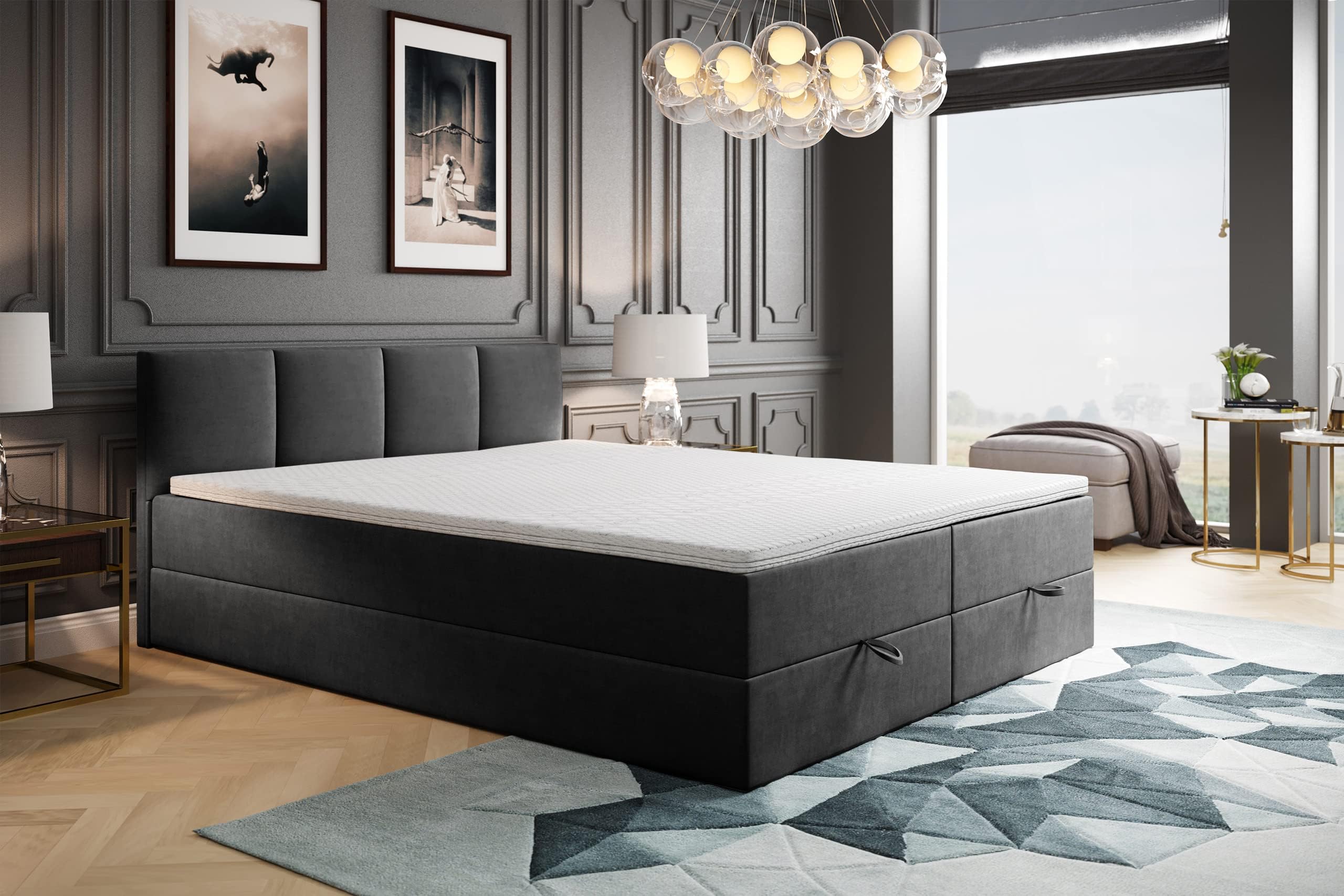 TRADA Boxspringbett 180x200 cm mit Bettkasten & Bonellmatratze, Dunkelgrau | Modell ROYAL, Elegant Bett mit Topper