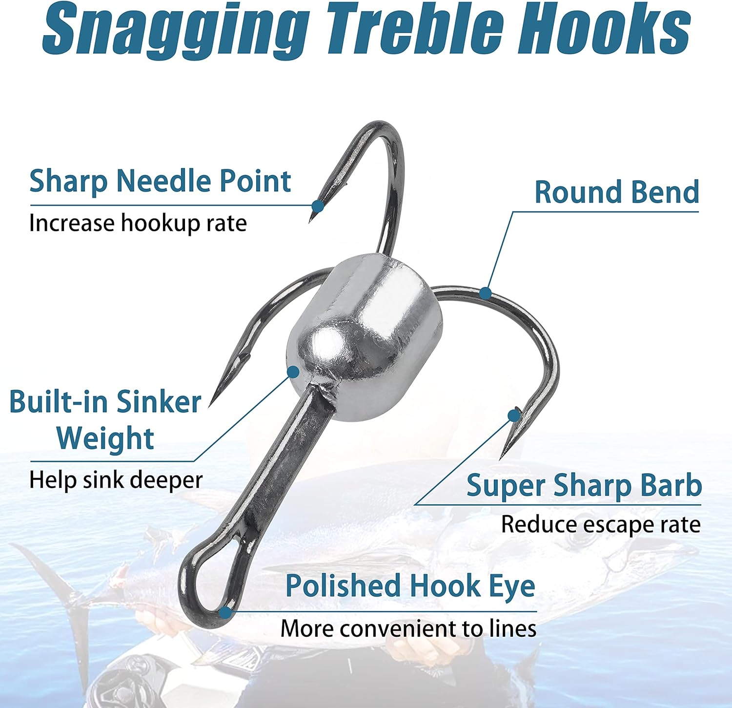 Snagging Hooks Weighted Treble Hooks - 4PCS/8PCS Sharp Treble Fishing Hooks with Weight for Bass Salmon Gator 5/0 6/0 8/0 10/0
