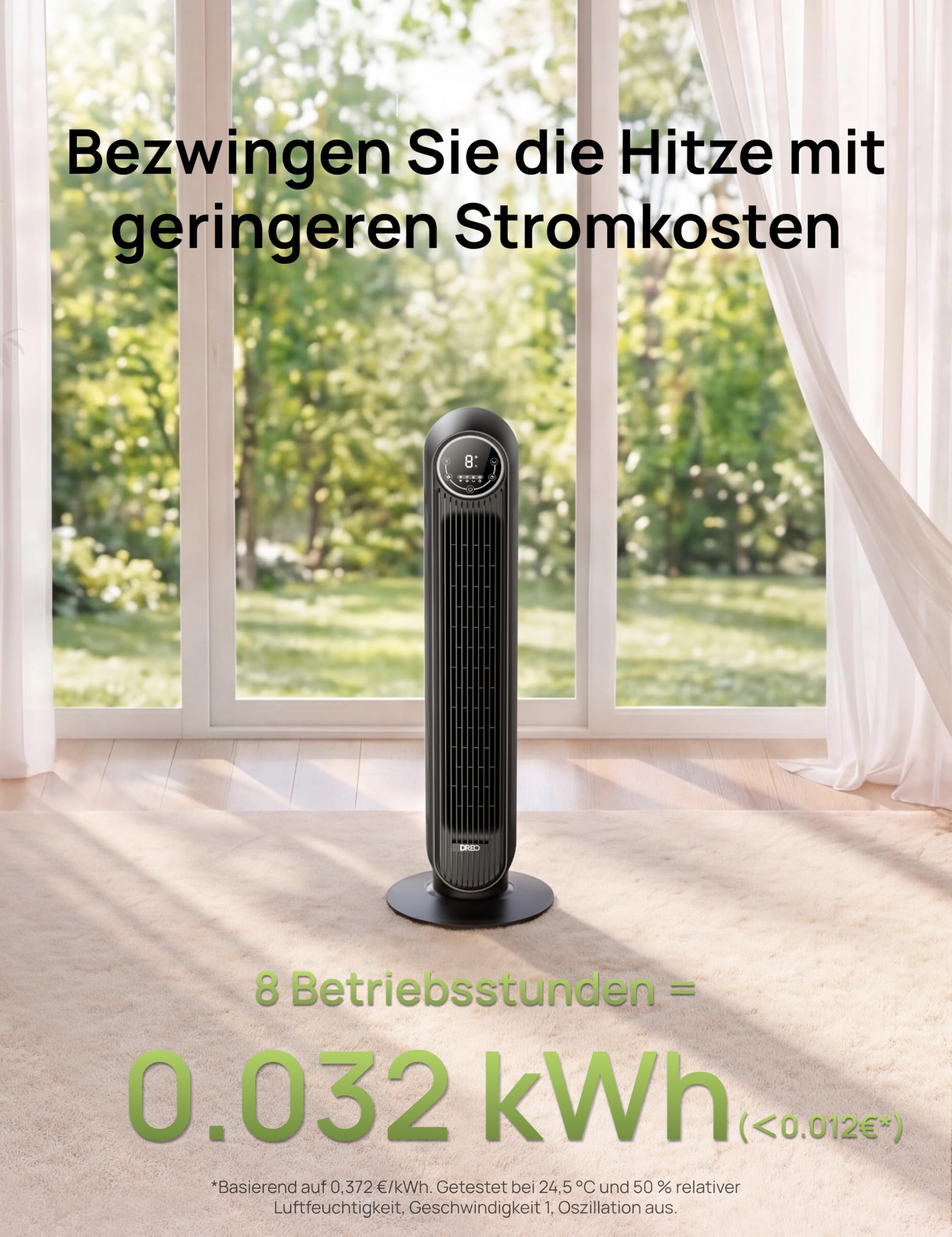 DREO Turmventilator 10 m Wurfweite 4 Geschwindigkeitsstufen 8 Std. Timer 90° oszillierend Fernbedienung Schwarz