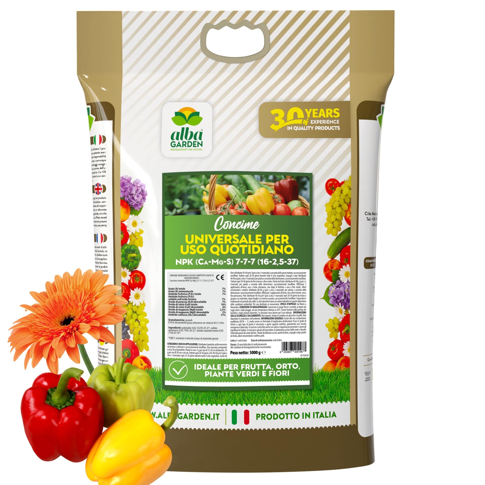 Albagarden - Concime Piante Universale Granulare - MAXI 5 KG - Fertilizzante Con L'aggiunta Di Calcio E Magnesio Per Giardino, Orto e tutti tipi di Piante