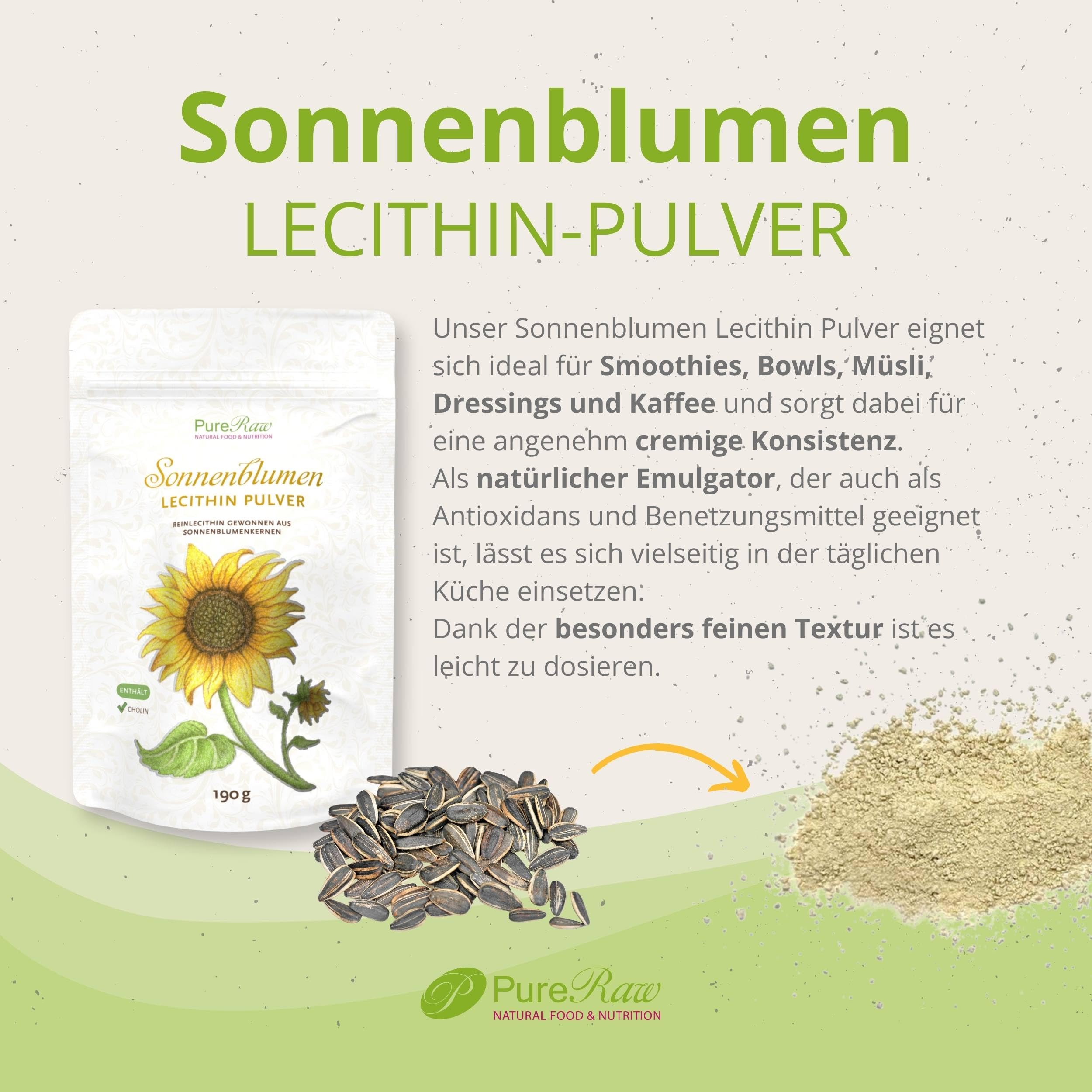 Sonnenblumen Lecithin Pulver zum Kochen & Backen - Sonnenblumenlecithin Pulver, Veganes Cholin Emulgator Feines Granulat - Sunflower Lecithin Powder I PureRaw 190g
