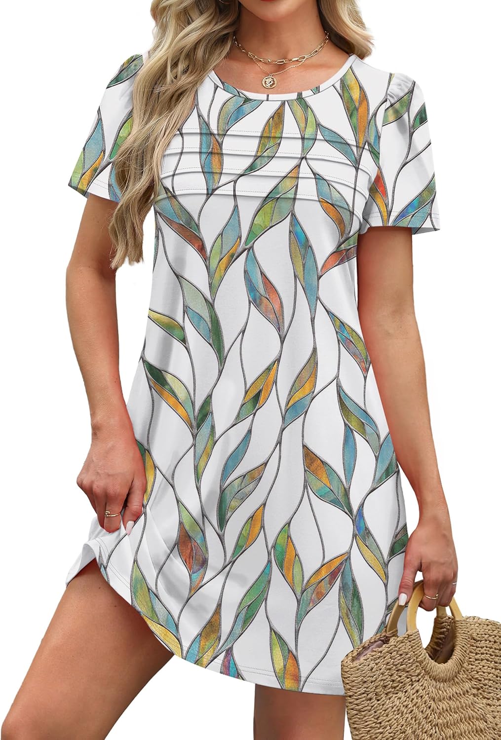 OFEEFAN Womens Pleated Front Dresses Fashion Spring Puff Sleeve Pockets Sundress Casual Summer - Image 3