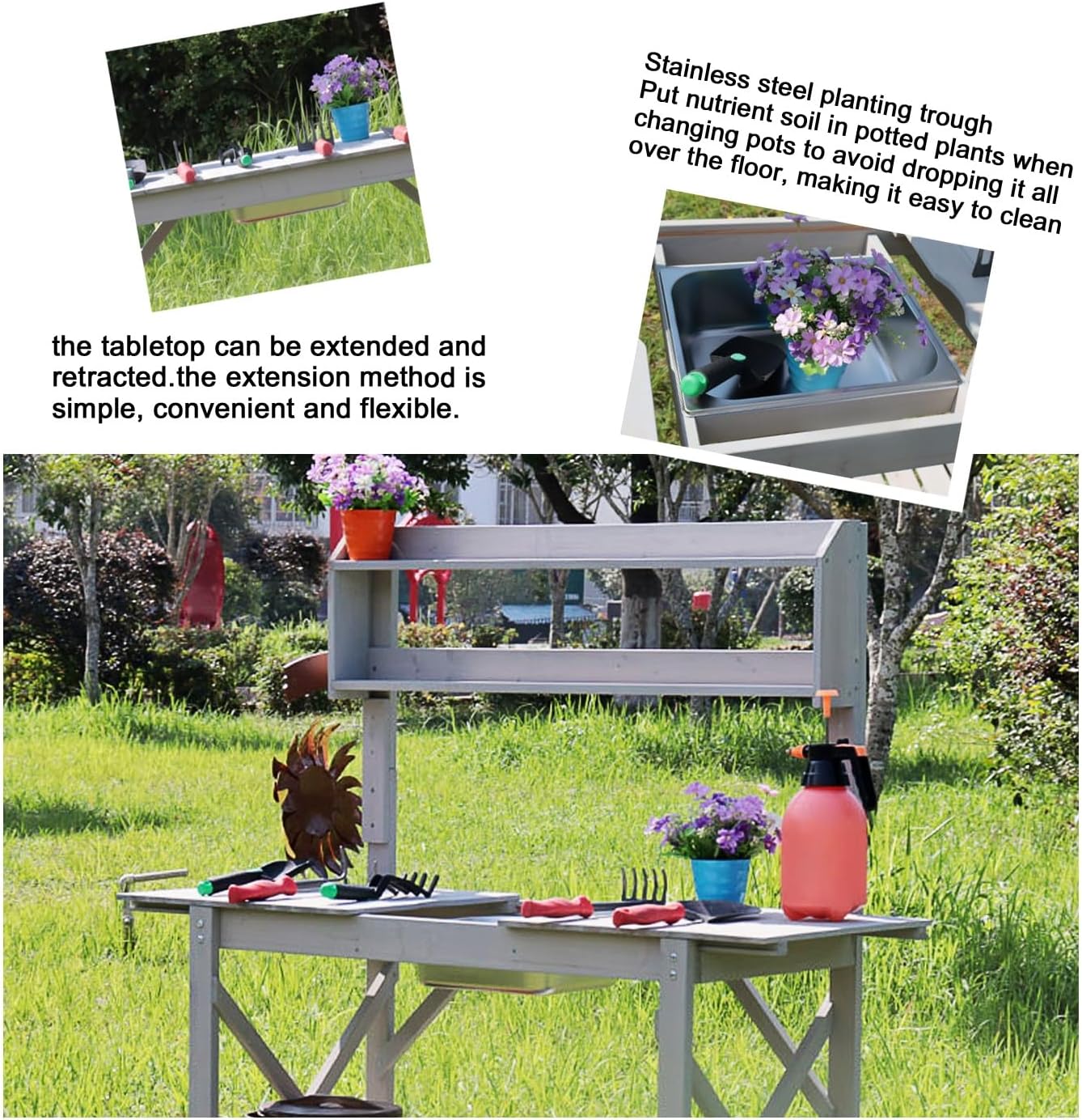 Wooden Potting Bench Work Table,Outdoors Potting Benches Table，Garden Potting Bench，Open Shelf, Lower Storage, for Backyard, Patio, Lawn
