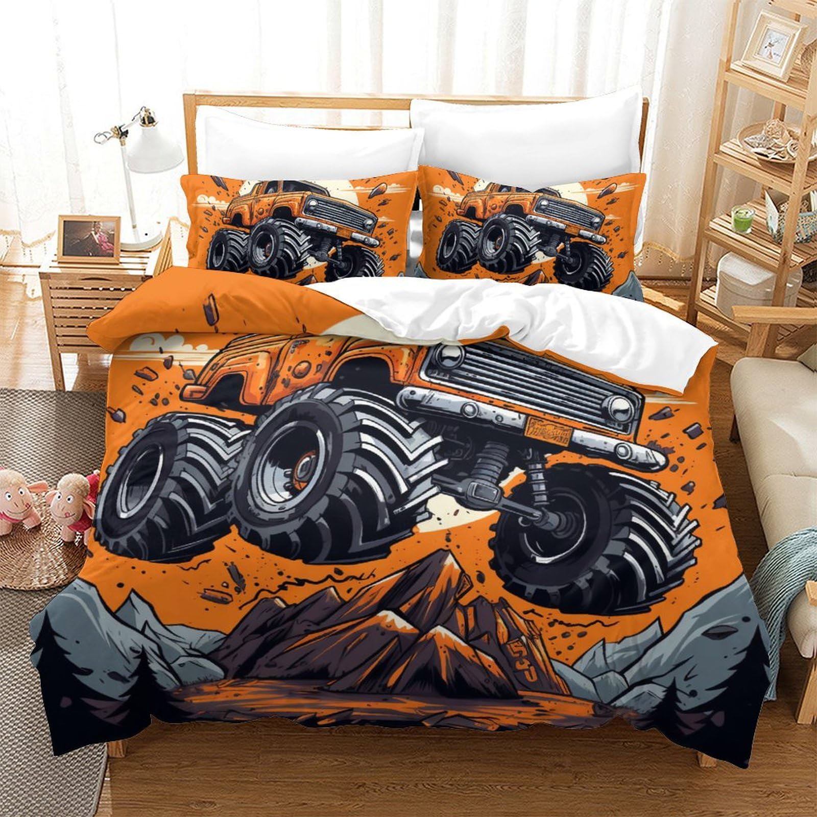 Monster Truck parure de lit enfant 3 pièces avec housse de couette king 220x240 et taie d'oreiller