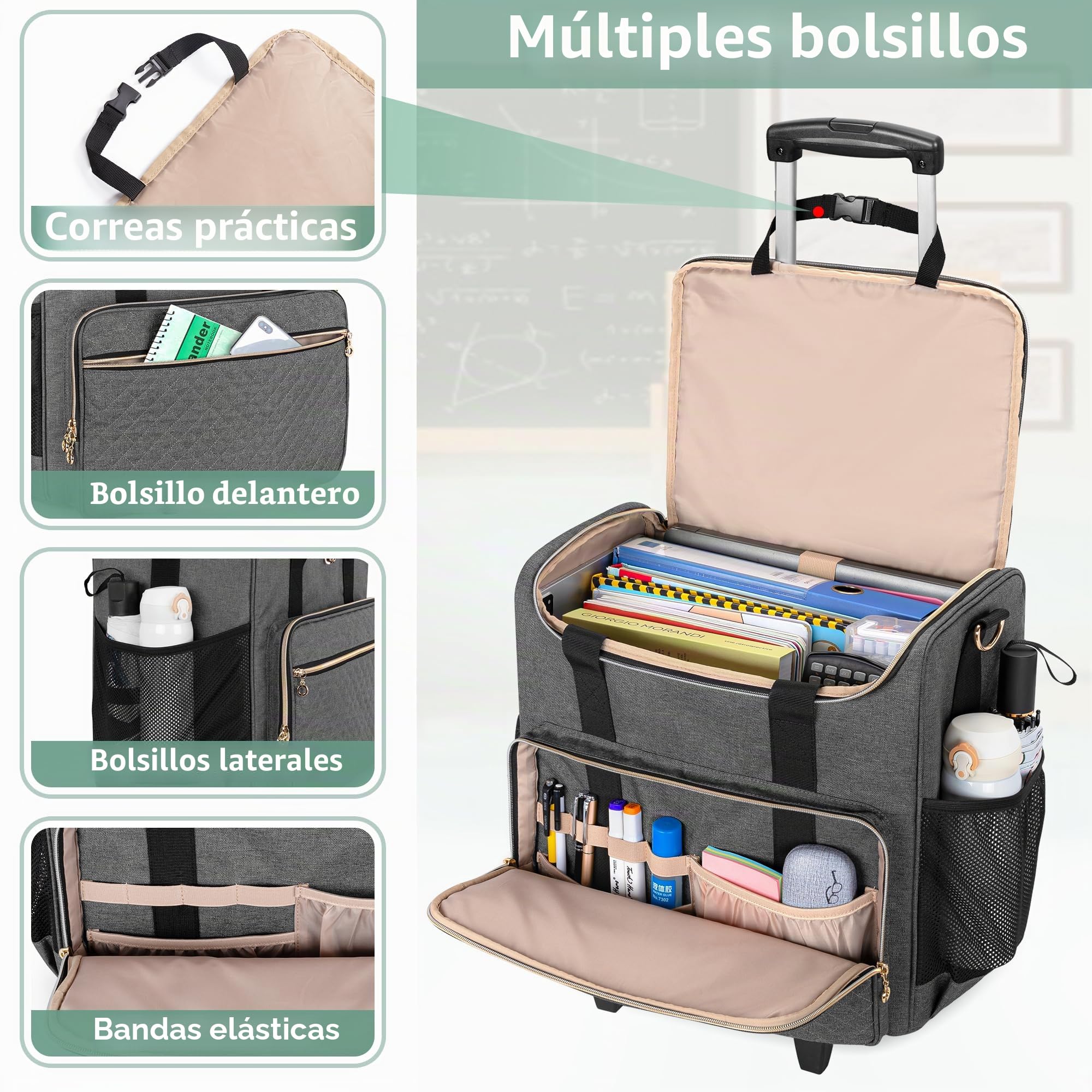 Luxja Bolsa de Profesora con Ruedas, Bolso para Maestra con Trolley Desmontable y Compartimento para Computadora Portátil (Sólo Bolsa), Gris