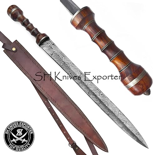 Miniatura 2 de Maximus Roman Gladius - Espada de gladiador hecha a mano de acero de Damasco con mango de palisandro con funda de cuero