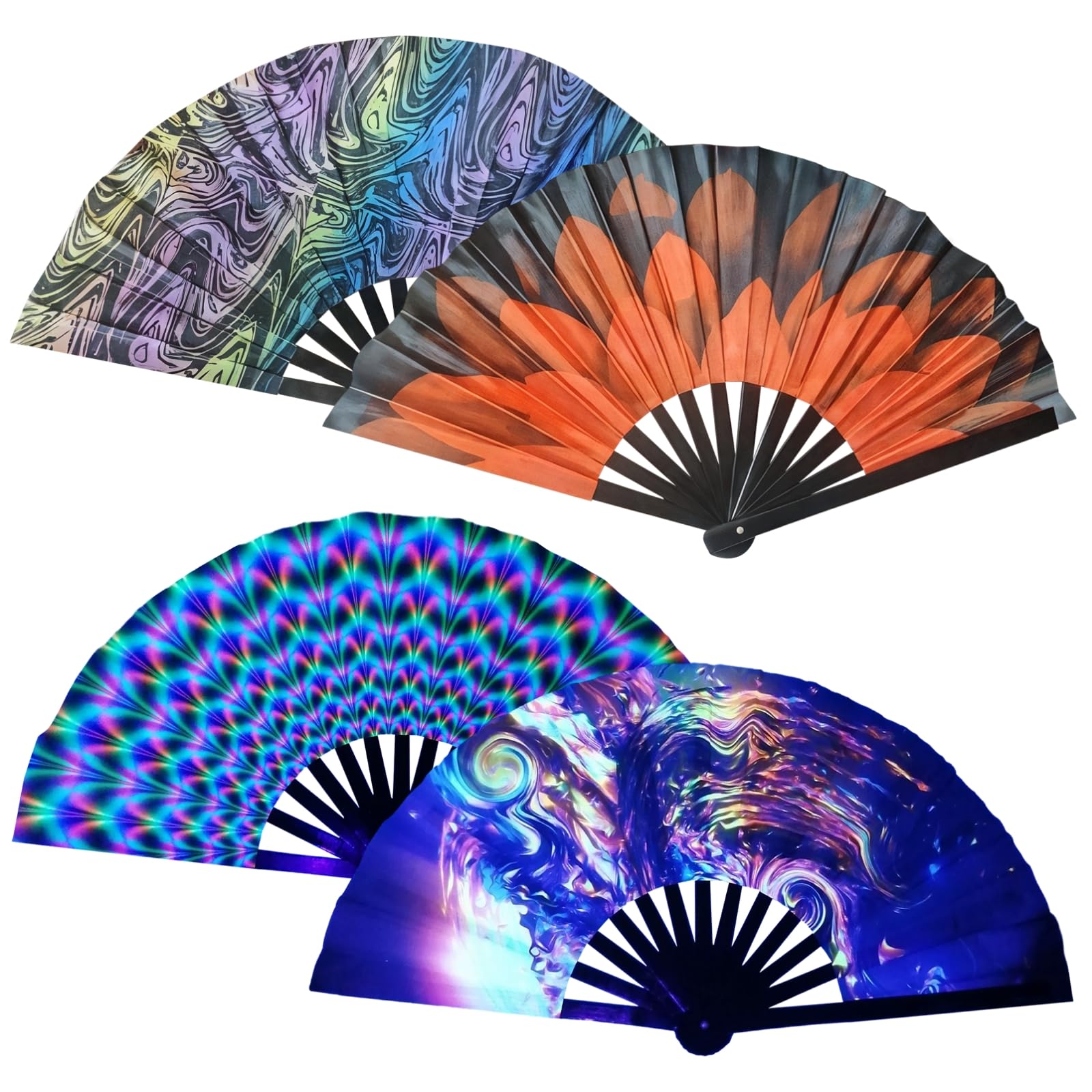 Packool 4 Pcs Clap Fans, Handheld Fluorescent Folding Fans, Wooden Frame with Oxford Cloth, Glow-in-the-Dark Hand Rave Fans, Vibrant Patterns for Carnivals, Parties, and Performances
