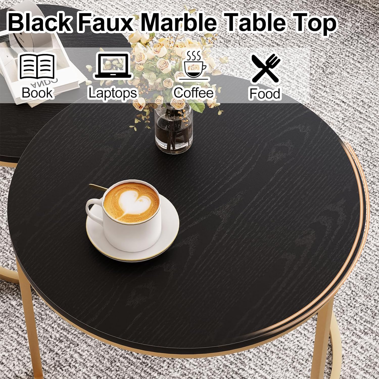 Huhote Lot de 2 tables basses rondes, tables d'appoint, tables gigognes, tables d'appoint avec cadre en métal pour salon, chambre, balcon, bureau, appartement, diamètre 60 cm (cadre doré, dessus noir)