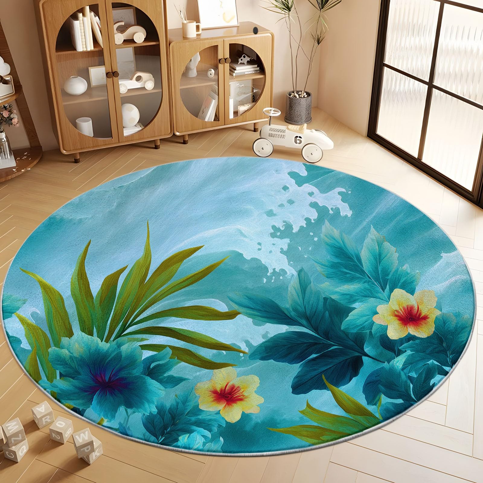 Tapis Rond Motif Feuilles Et Fleurs Tropicales Vagues De L'Océan Lavable en Machine Antidérapant 160 cm, Tapis Rond Aquarelle pour Chambre à Coucher Cuisine Salle de Bain Chambre d'enfant Salon