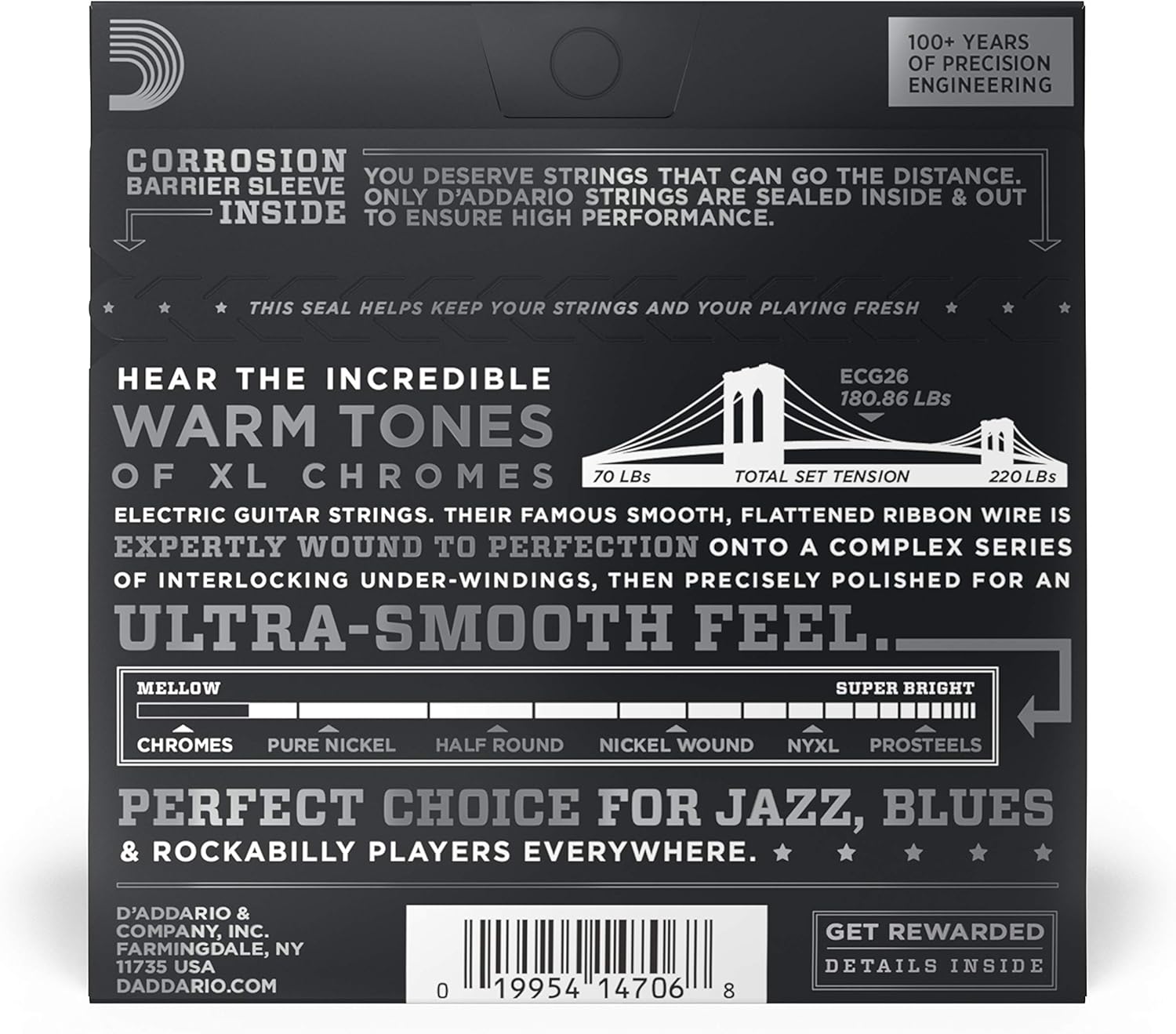 D'Addario Guitar Strings - XL Chromes Electric Guitar Strings - Flat Wound - Polished for Ultra-Smooth Feel and Warm, Mellow Tone - ECG26 - Medium, 13-56, 1-Pack