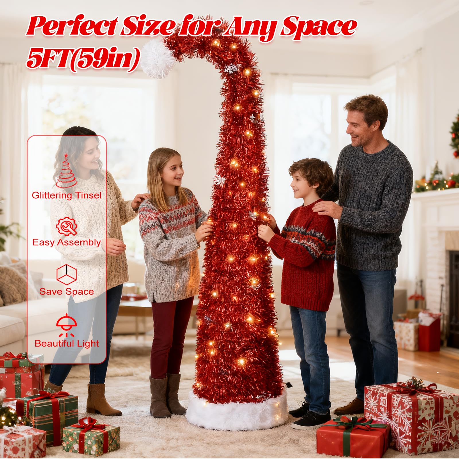 150cm Albero di Natale pop up slim a forma di cappello di Babbo Natale rosso con fiocchi di neve, albero di Natale pieghevole veloce per camera, aula, ufficio e feste