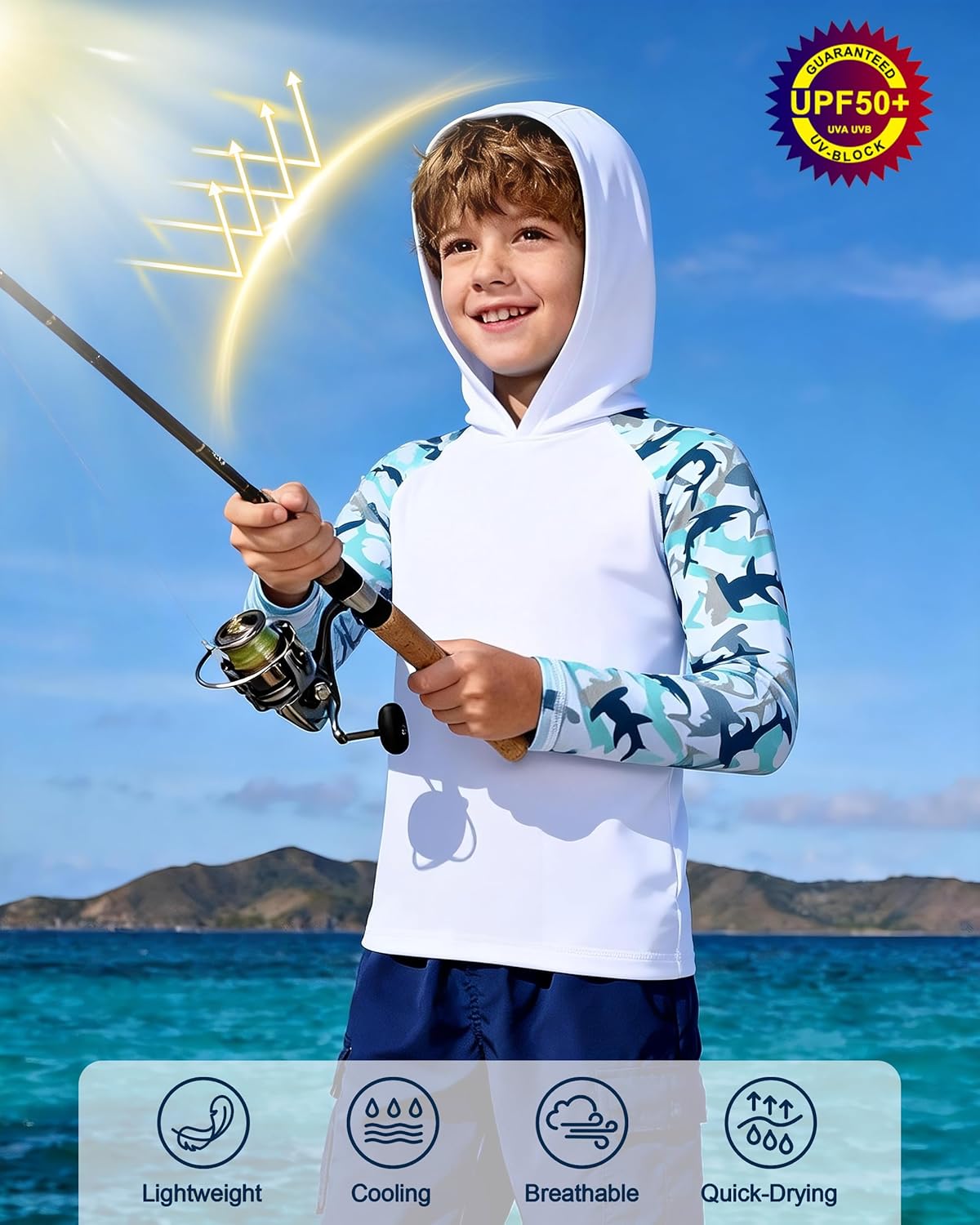 Boys Rash Guard Swim Hoodie, UPF 50+ UV Sun Protection Long Sleeve Fishing Shirt, Kids Youth SPF Water Shirts - Image 3