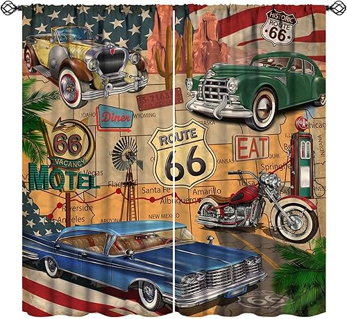 Cortinas vintage para automóvil, estilo retro, póster de garaje, ruta, 66 pulgadas, patrón de arte clásico antiguo, cortinas de ventana para