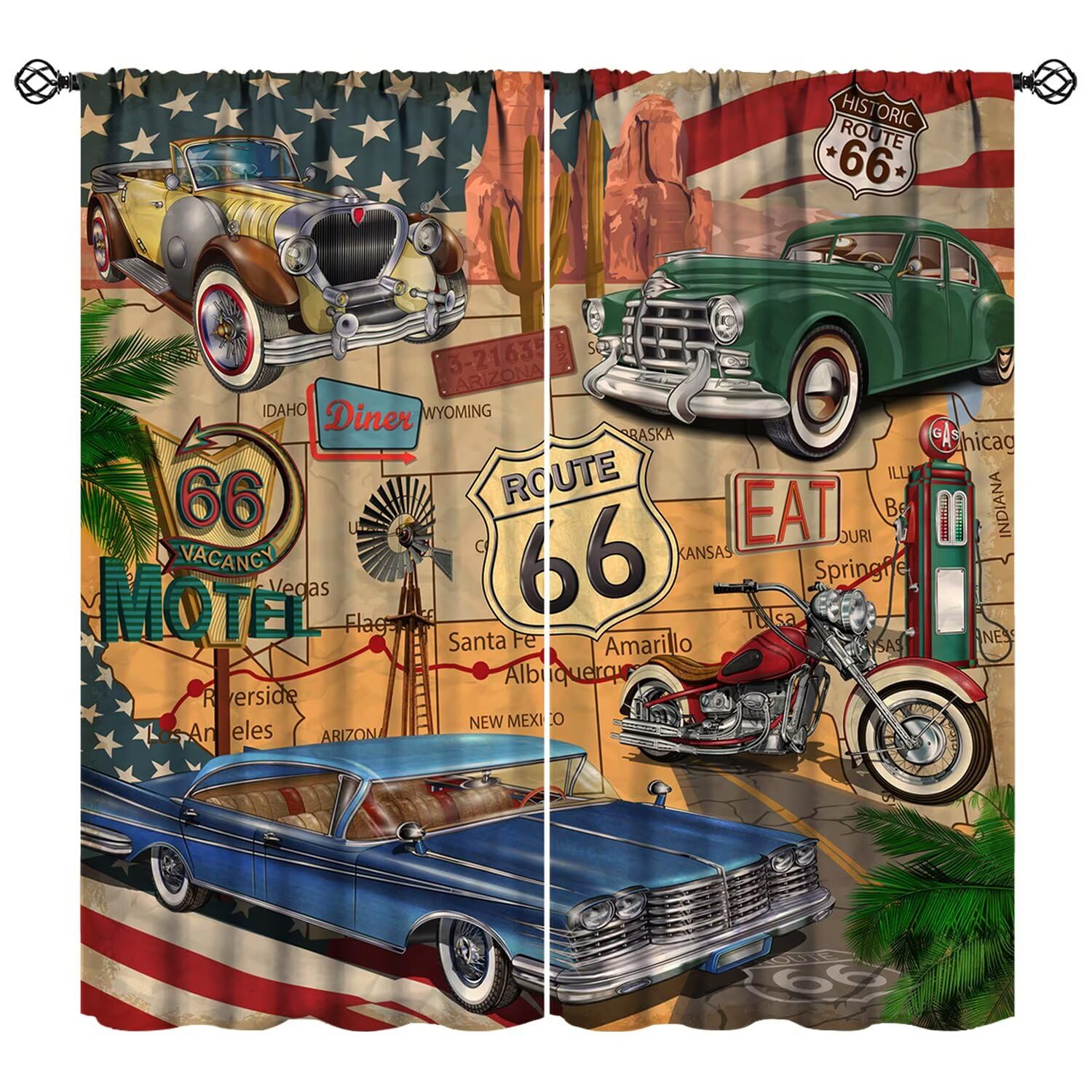 XBDDZSW Vintage Car Curtains Retro Style Garage Poster Route 66 Old Classic Car Theme Art Pattern Print Window Drapes for Bedroom Living Room Kitchen