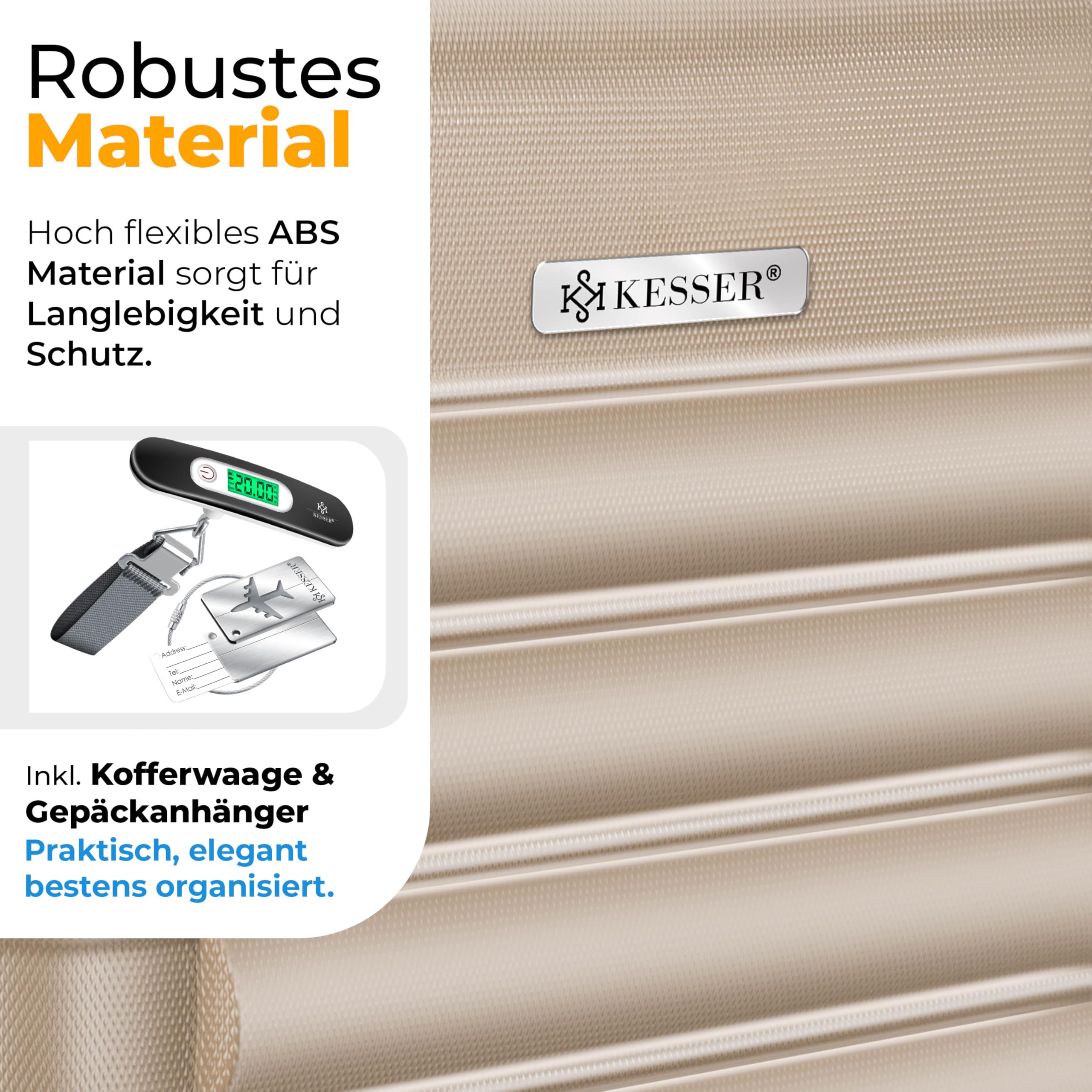 KESSER Reisekoffer 120L Hartschalen Trolley ABS-Hartschale Zahlenschloss 4 Rollen Teleskopgriff 75x50x32cm Champagne