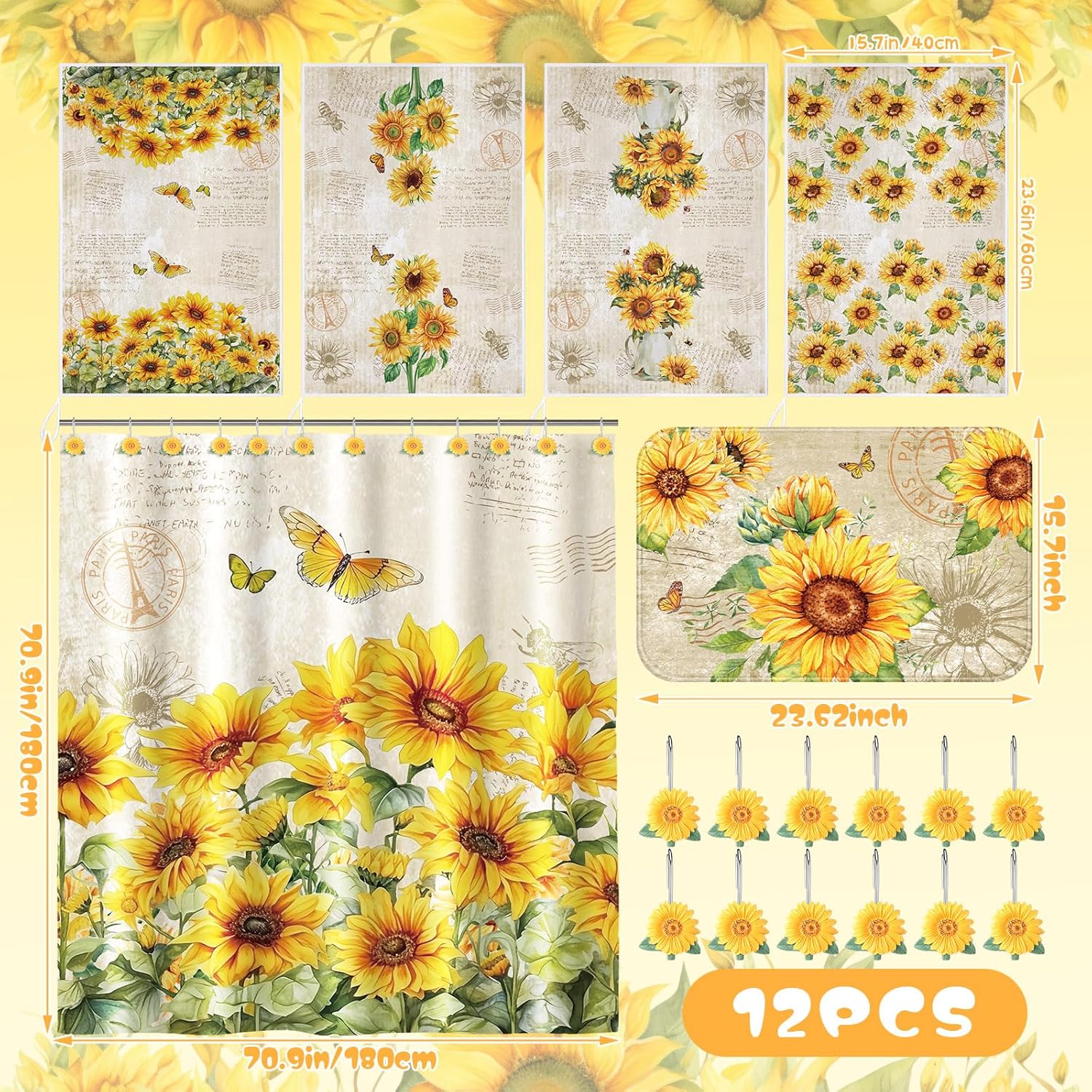 Fourluoo 18 Pcs Sunflower Shower Curtain Set Sunflower Butterfly Shower Decor Fabric Bathroom Decor Set with 12 Decorative Hooks Floral Towels Non Slip Absorbent Rug for Modern Aesthetic Bathroom