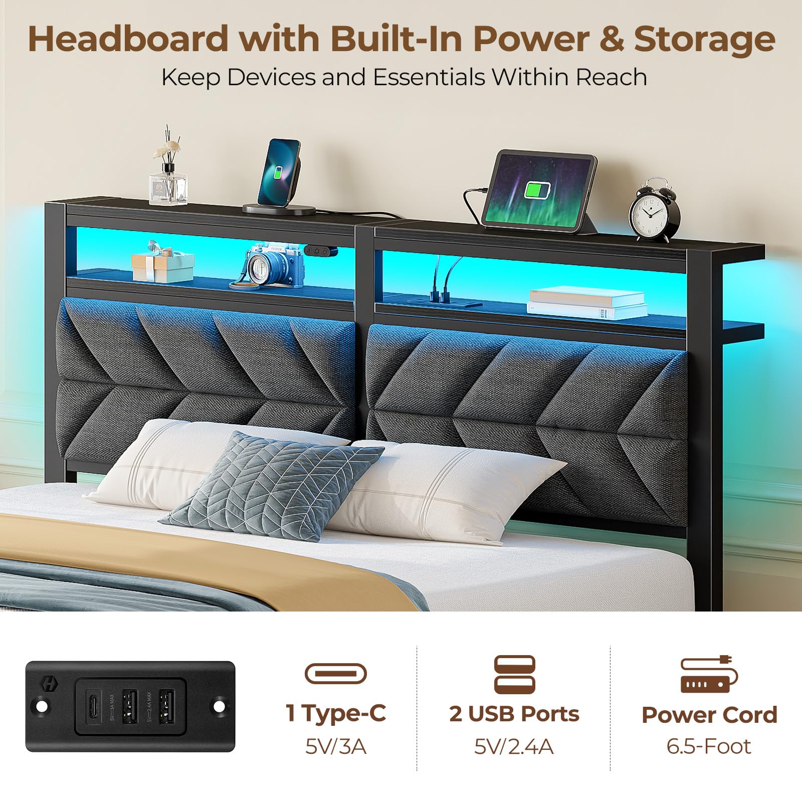 Seventable Bed Frame Queen Size with Charging Station, LED Bed