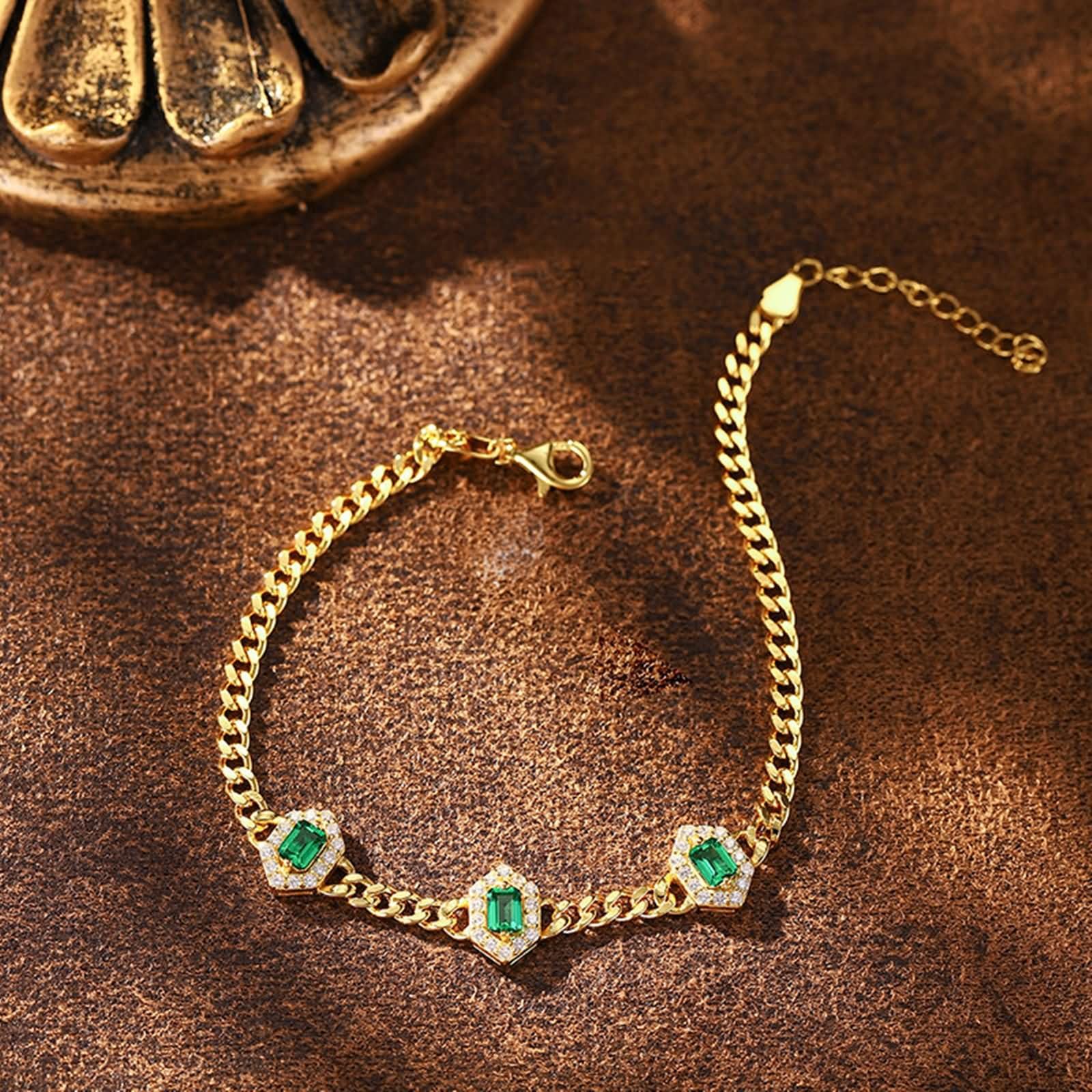 Pulseras de Oro Mujer 9 Kilates / 14 Kilates / 18 Kilates, Rectángulo con Esmeralda Creada de 0,9 ct y Moissanita, Cadena Extensible 16 CM + 5 CM, Pulsera Oro Verde Ajustable Mujer