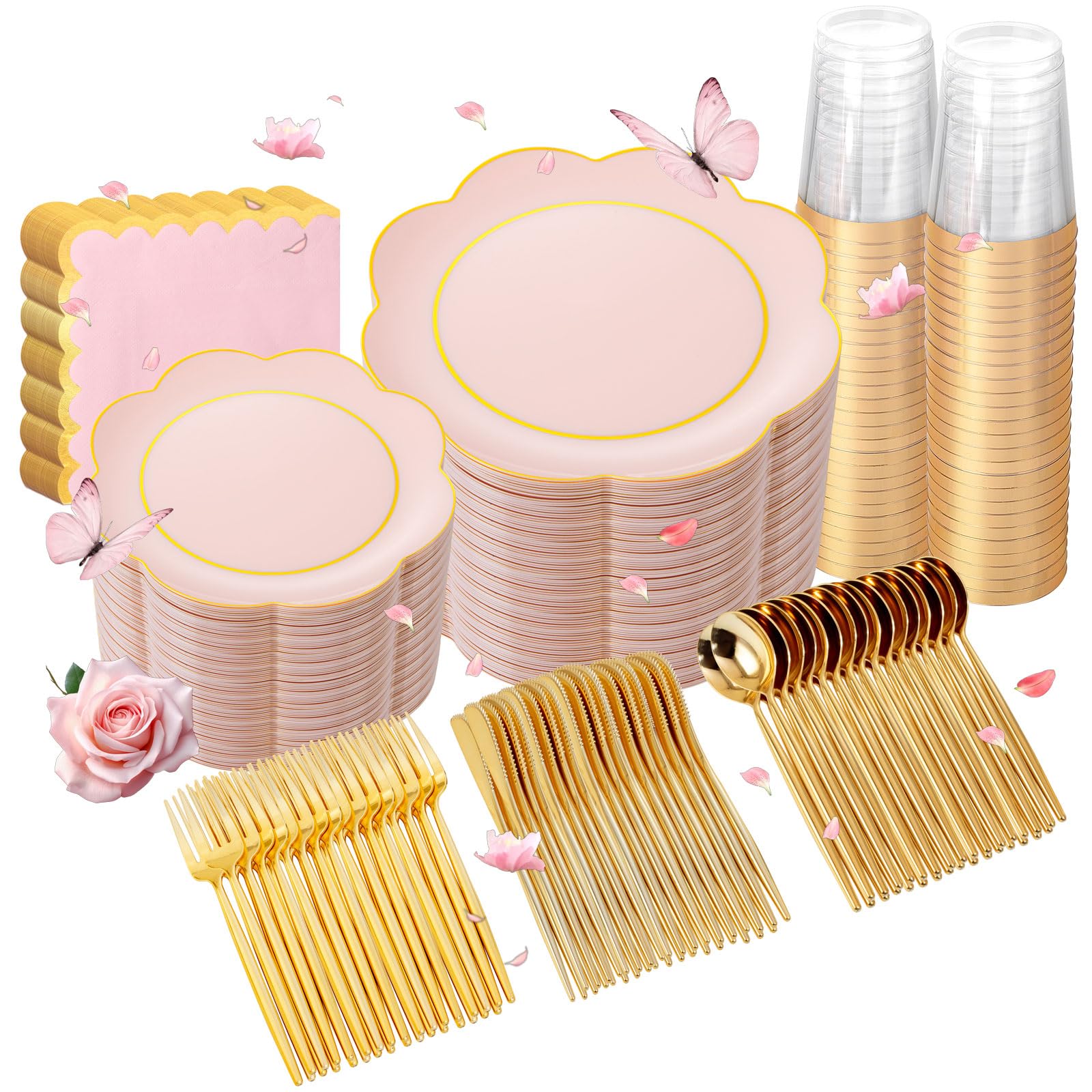 350Pcs Pink Gold Rim Disposable Plastic Dinnerware Party Set