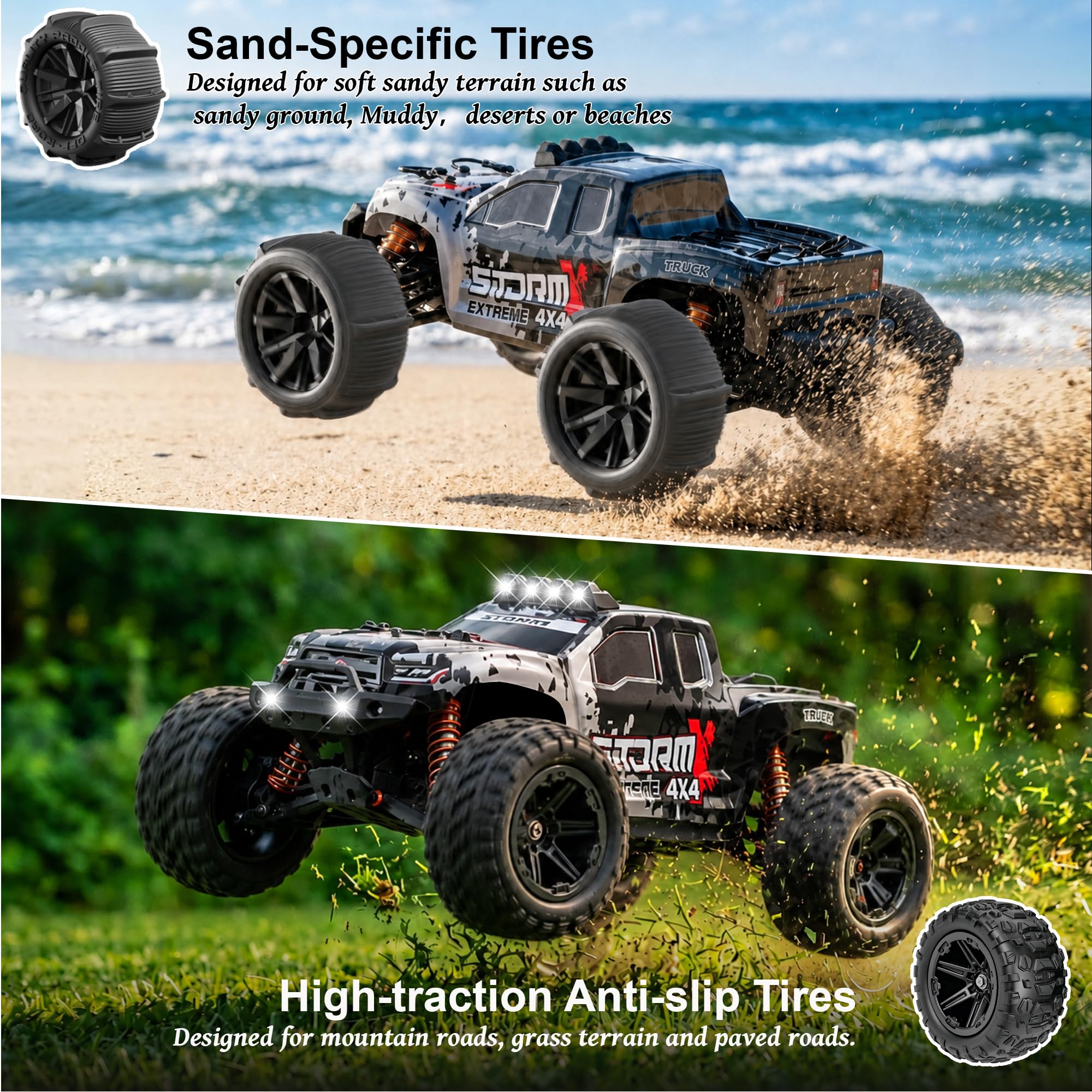 Ferngesteuertes Auto Erwachsene & Jungen - 1:14 All Terrain RC Auto 40+km/h | 4WD Offroad RC Truck 2.4Ghz RC Car mit Metallantriebsstrang 2 Wiederaufladbaren 1300mAh Hochleistungsakku, Zwei Reifensätze