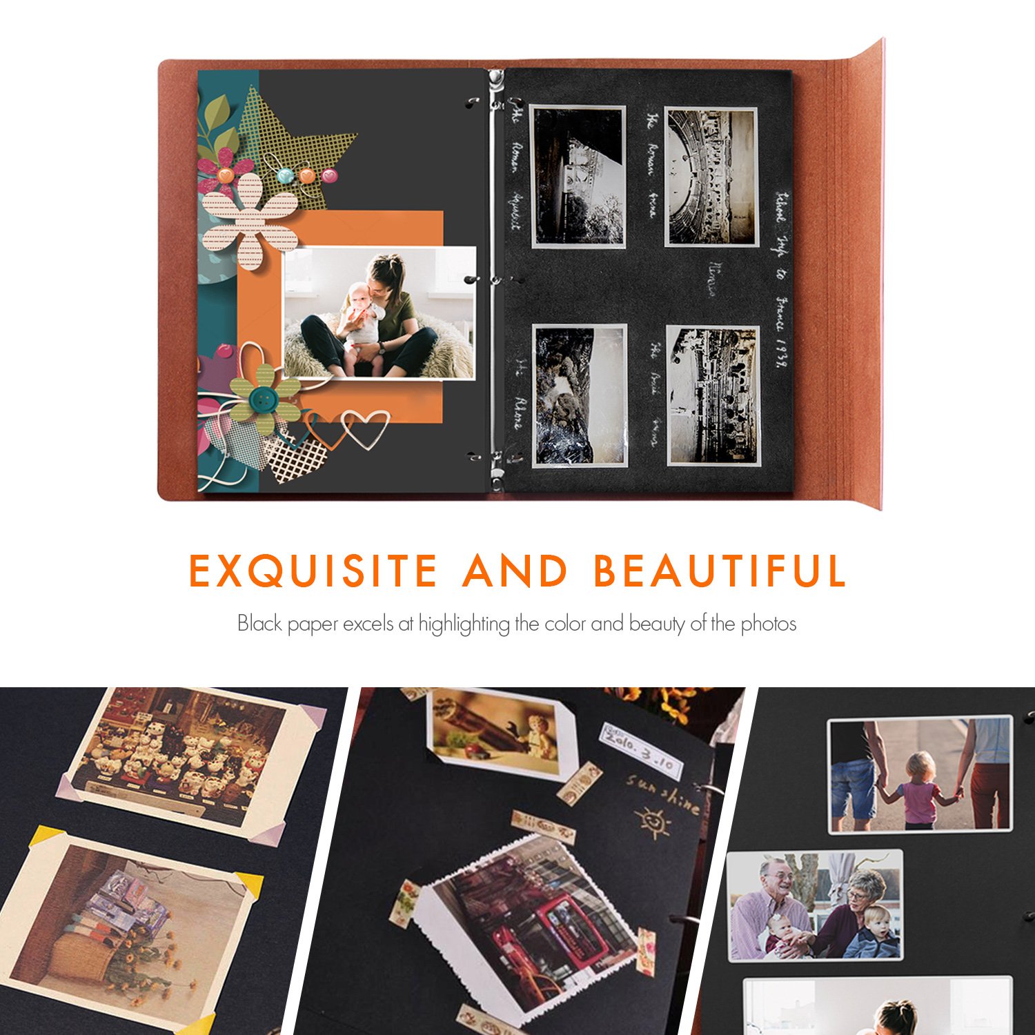 Boic Lin Album Photos Traditionnel 60 Pages Noires, DIY Vintage Scrapbook Mémoire Albums Livre D