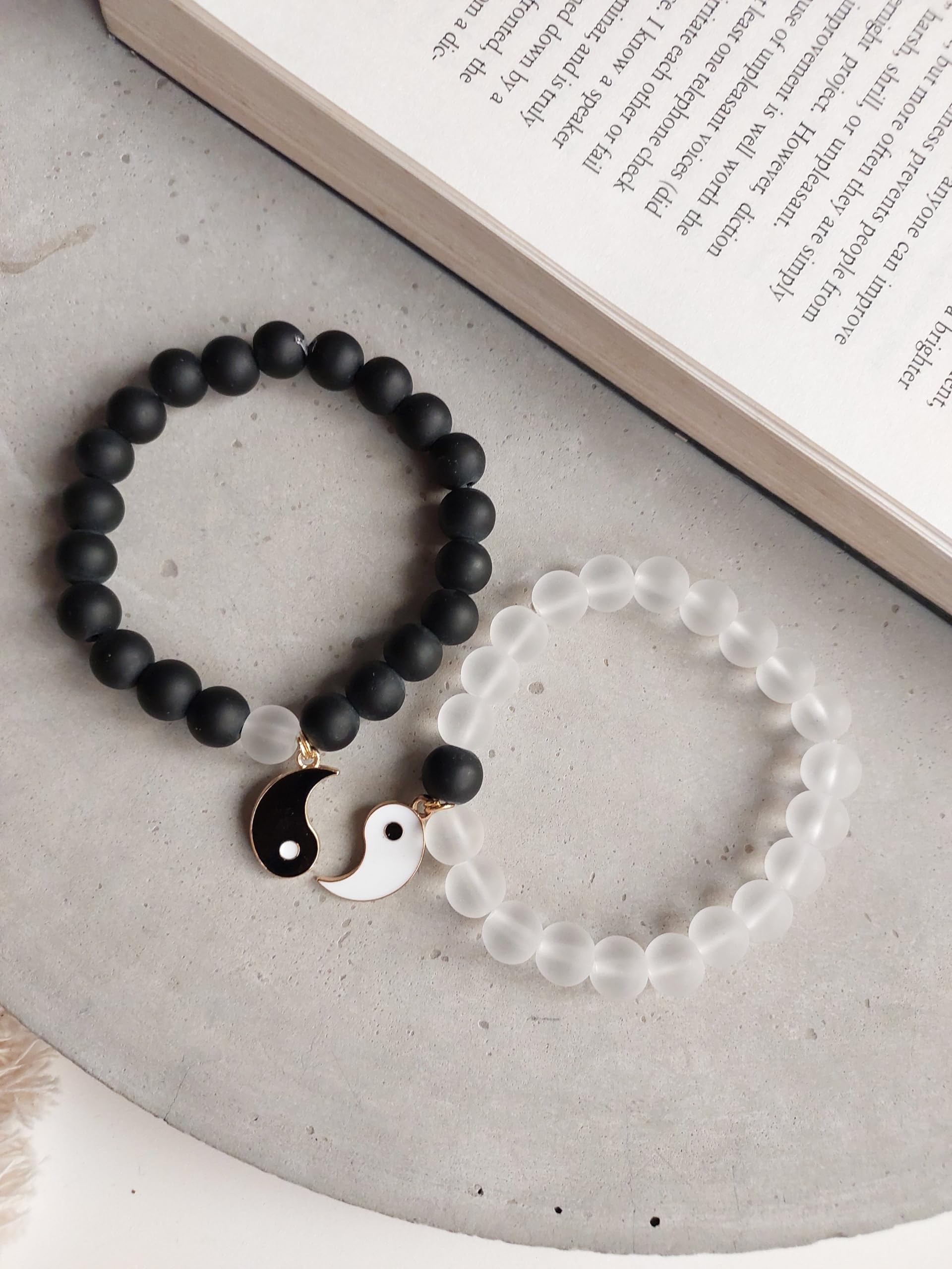 Matte Black and White Bead Bracelet with Yin Yang Charm for Men & Women-image-34
