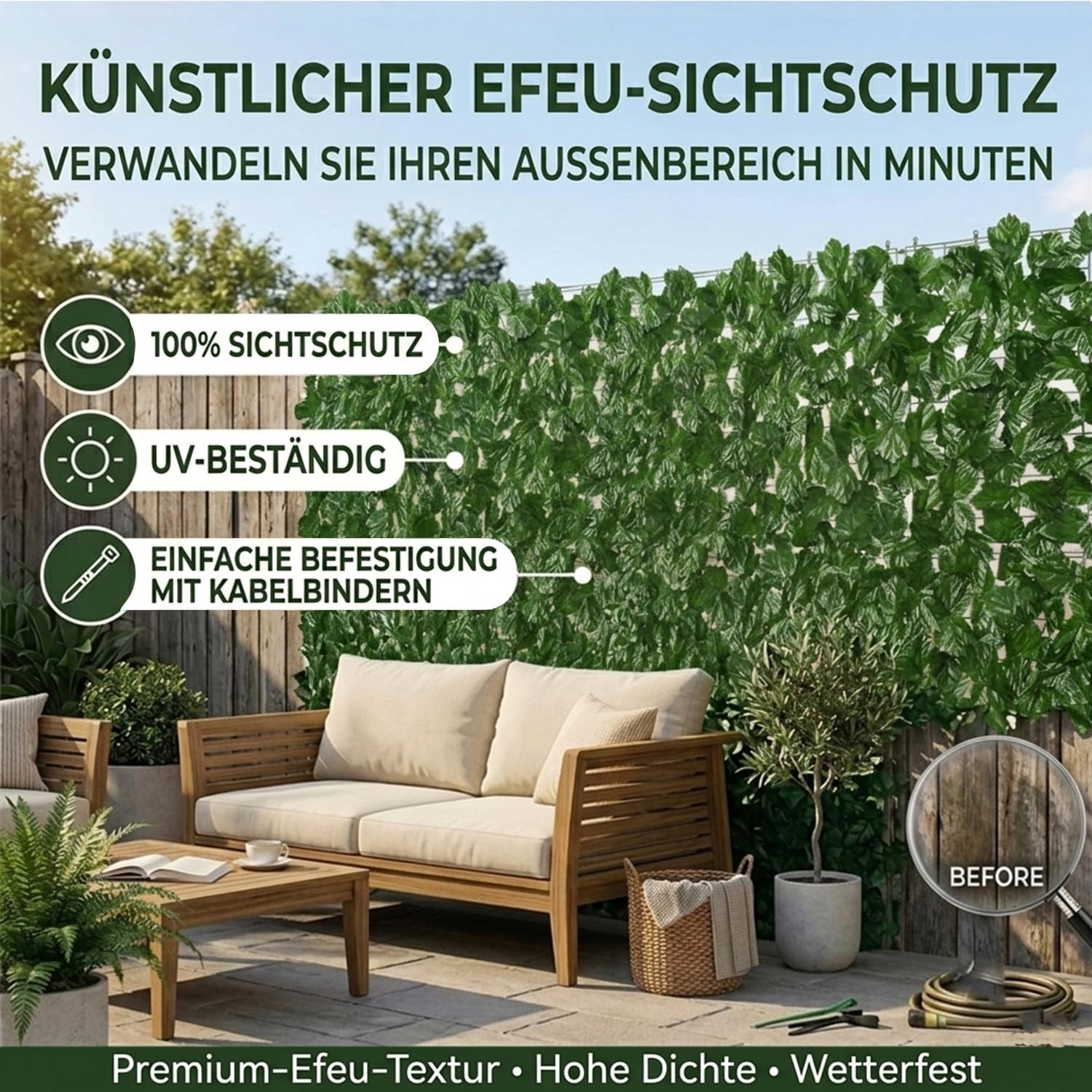 Künstliche Efeu Garten Sichtschutz,Balkon Sichtschutz,Künstliche Efeu Blatt Dekoration für Gartenhecken Balkon Außendekoration 100 x 300 cm