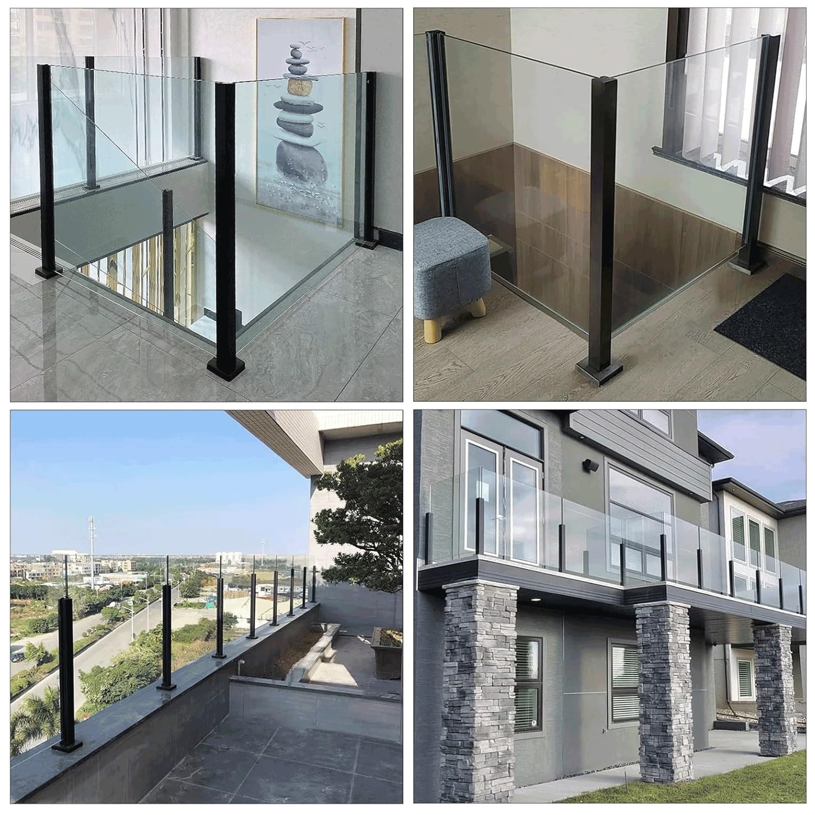 System słupków balustradowych ze stali nierdzewnej 304, bez dziurkowania, z podstawą szczelinową, na schody, balkon, taras, ogrodzenie basenu, łatwa instalacja, bez dodatkowego słupka, 60 cm, czarna)
