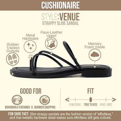 CUSHIONAIRE Venue Womens Strappy Toe-Loop Slide Sandals with Gold-Tone Accent & Memory Foam Comfort