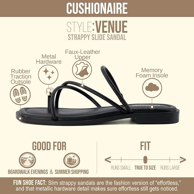CUSHIONAIRE Venue Womens Strappy Toe-Loop Slide Sandals with Gold-Tone Accent & Memory Foam Comfort