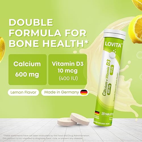 Miniatura 2 de LOVITA Calcio + VIT D3 Tabletas efervescentes 20 unidades, 600 mg de calcio con 400 UI D3, apoya la salud ósea y muscular, sabor a limón, vegano,