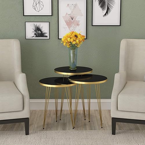 PAK HOME Juego de 3 mesas auxiliares anidables con patas de color negro y dorado de alto brillo, mesa auxiliar apilable de madera con patas de metal