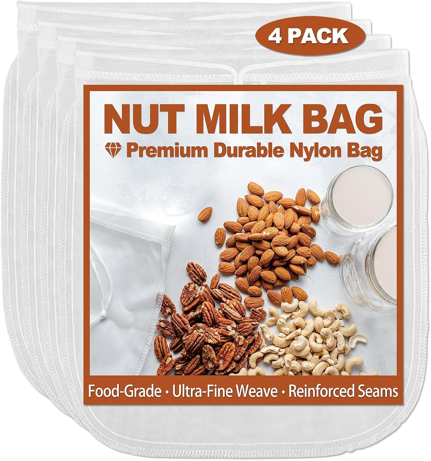 4 Pcs 12"x12" Nut Milk Bag with SGS Tested 100% Nature Unbleached Cotton, Premium Cheesecloth Bags for Straining, Reusable Nut Bag Strainer for Making Almond & Nut Milks, Cold Brew, Yogurt, Juicing