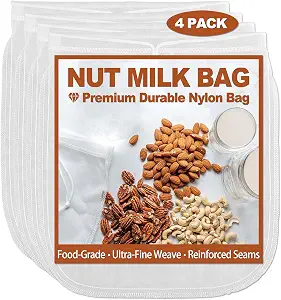 4 Pcs 12x12 Nut Milk Bags, Ultra-Fine 200 Mesh Nylon Cheese Cloth for Straining, Reusable All Purpose Nut Bag Strainer