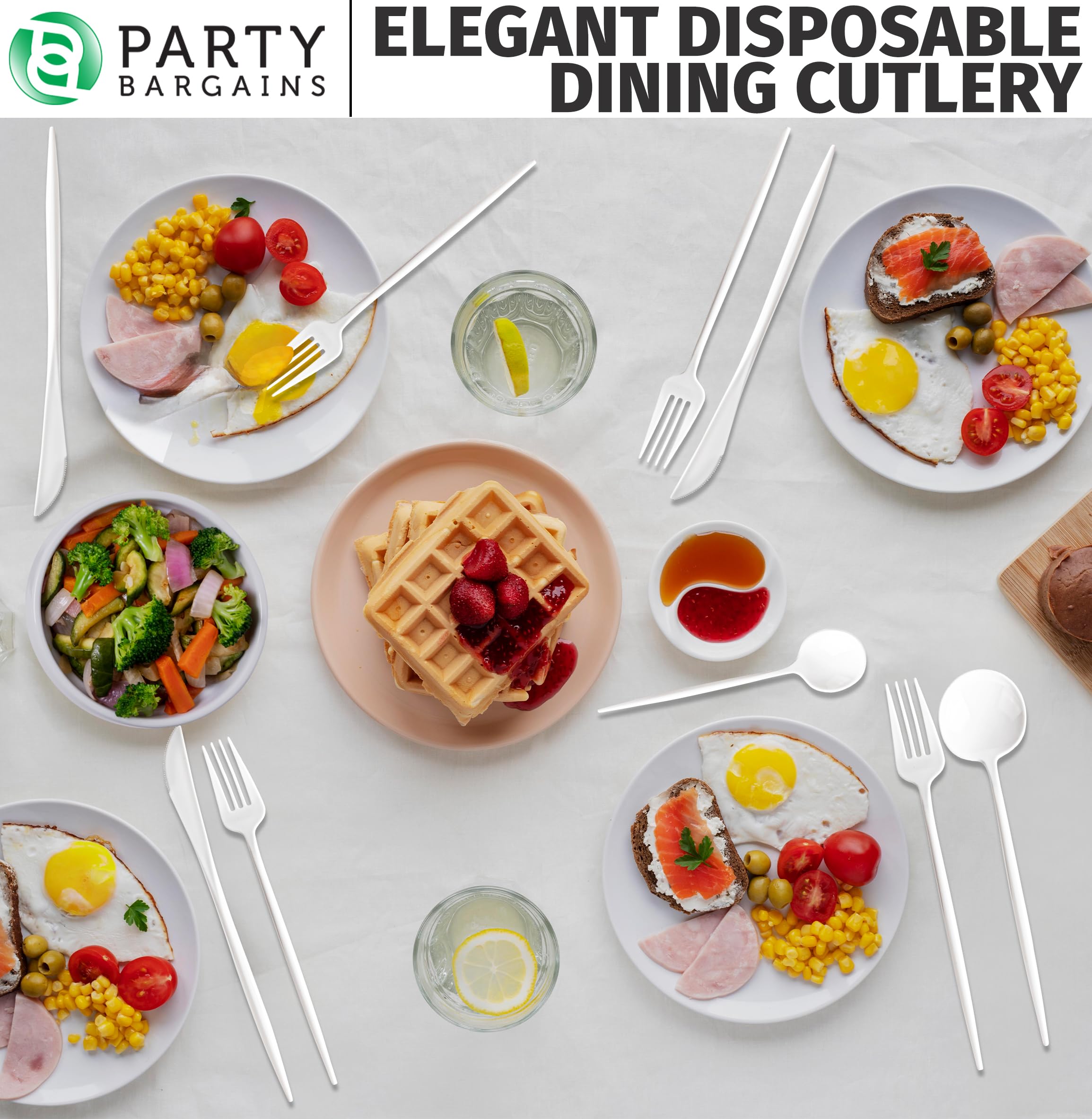 Party Bargains Disposable Plastic Silverware Cutlery Set, 80 Pc, Novelty Design, White, 32 Forks, 16 Knives, 32 Spoons, Modern Flatware Utensils for Table Place Settings, Dinner, Dessert