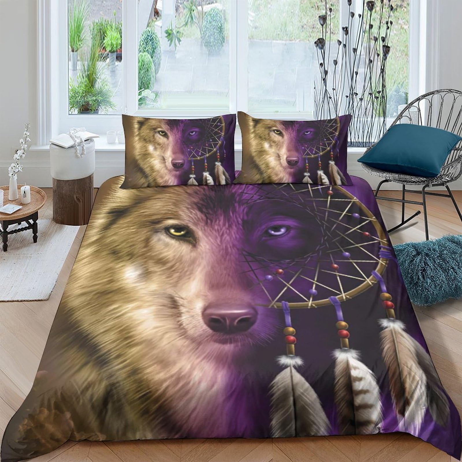 Ctjqhvkz Style-6 3D Printed Wolf Dreamcatcher Fitted Sheet Microfiber Soft Slip-Resistant Bed Cover For Bedroom Dorm Decor Protection Single（135X200cm）