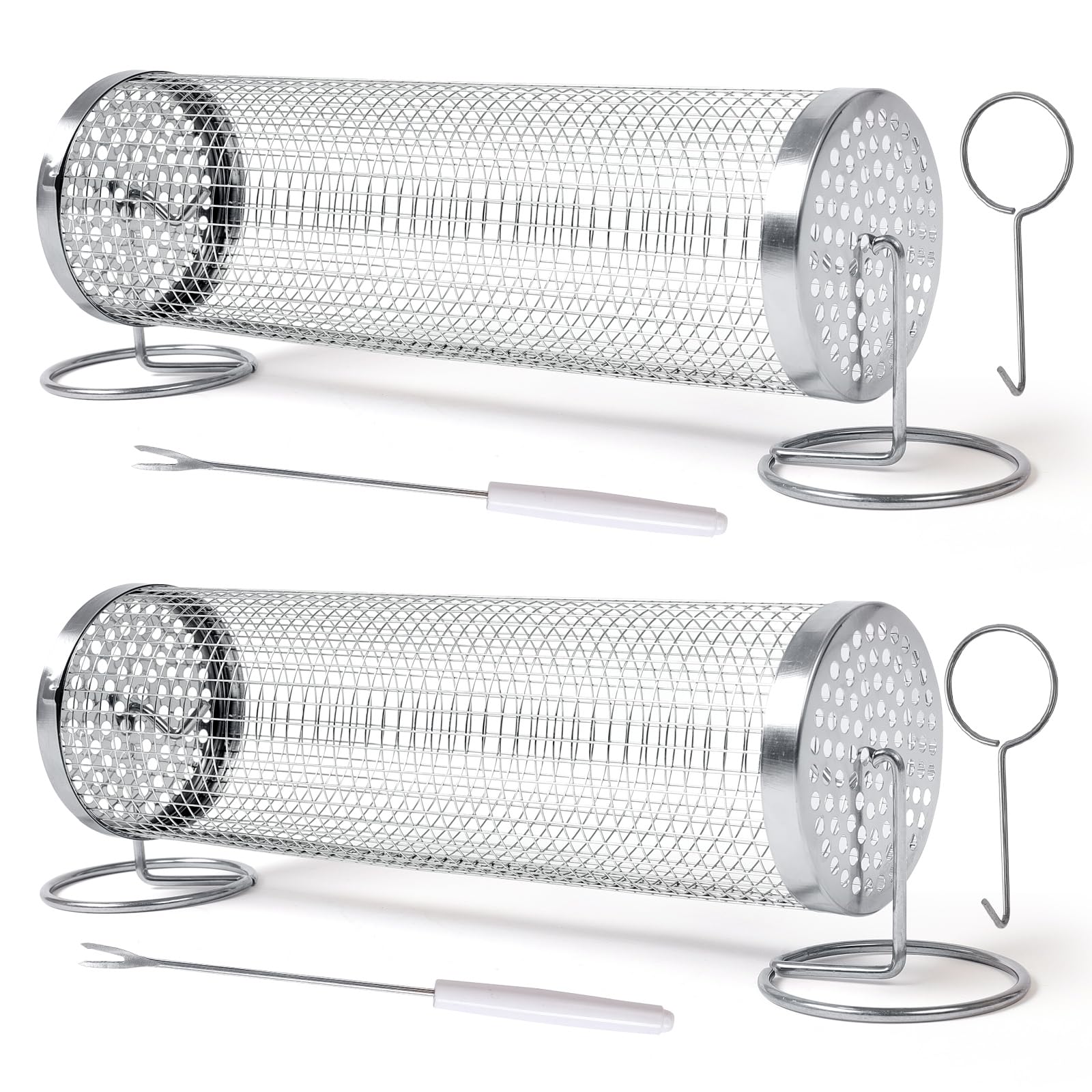 Grill Basket, BBQ Grill Basket, Rolling Grilling Basket, Greatest Grilling Basket Ever,Grill Grate,Outdoor Round Bbq Stainless Steel Grill Basket (11.8 INx2pcs)