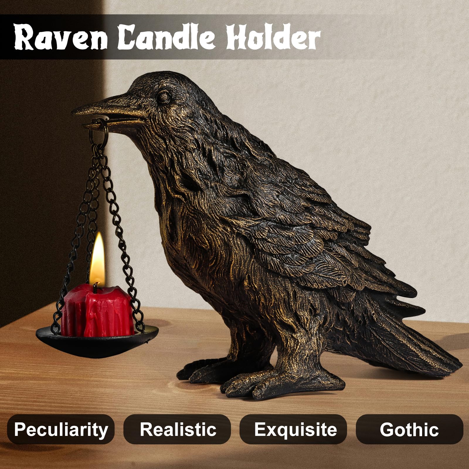 Halloween Decorations Indoor Gothic Home Decor Raven Lamp Tealight Holder for Bedroom Fake Crow Candle Holder Halloween Table Decorations Black