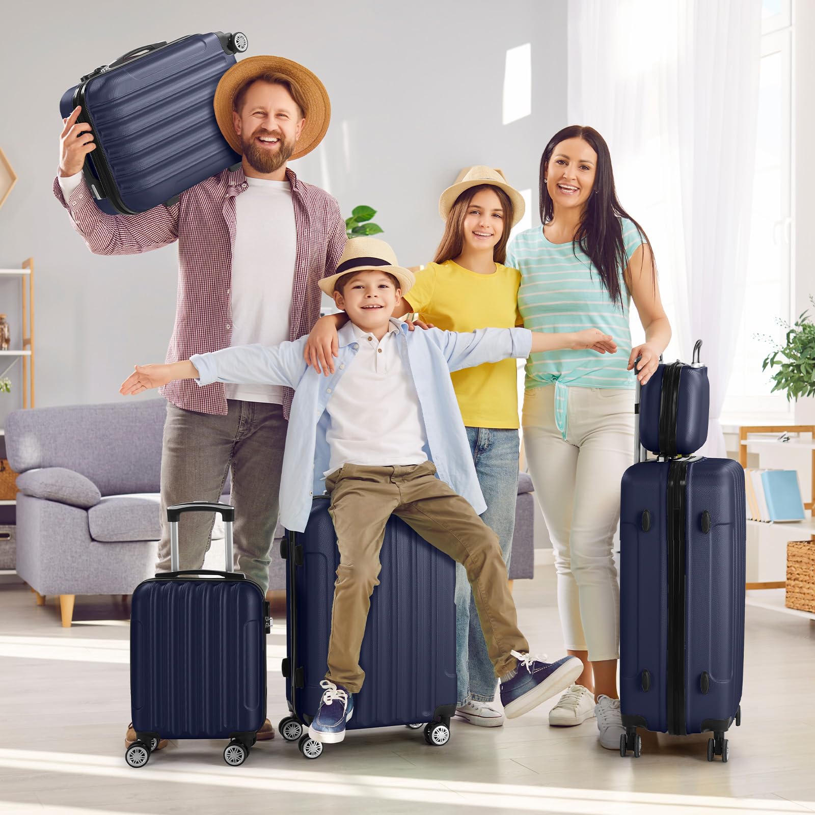 LALAHO Kofferset 5 teilig mit Kosmetikkoffer, Hartschalen Koffer Set aus ABS, Reisekoffer Set, Gepäckset mit Schminkkoffer & Handgepäck, Dunkelblau