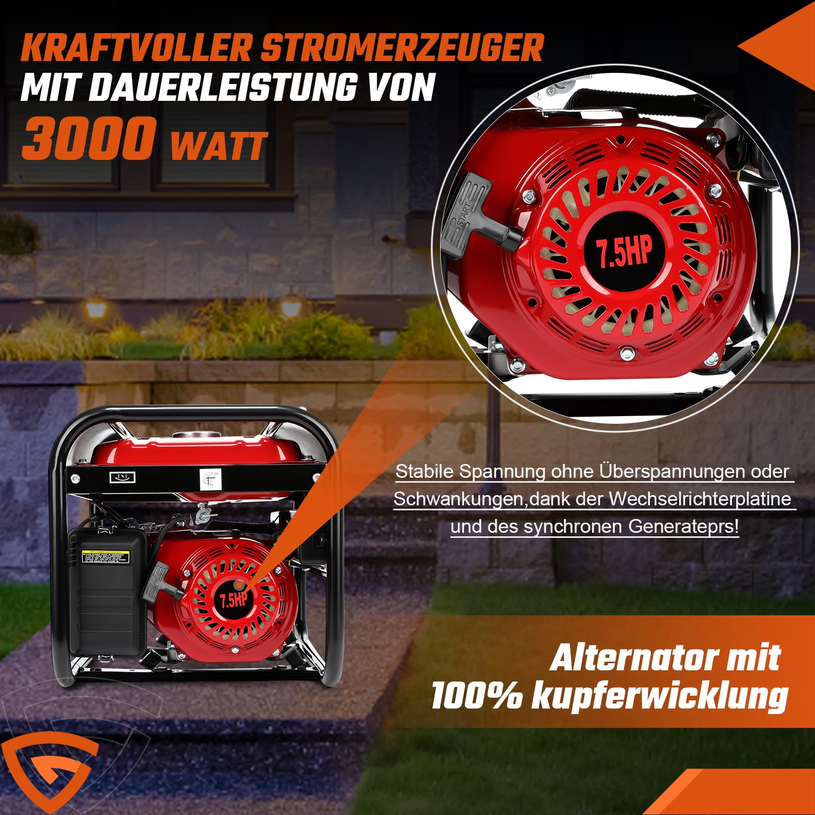 Benzin Notstromaggregat 6500W Max 3000W Dauerleistung, 7,5 PS Stromgenerator mit 4-Takt OHV-Motor AVR-Spannungsregelung 5 Steckdosen 3x 230V, 1x 400V und 1x 12V, für Baustelle, Werkstatt und Garage